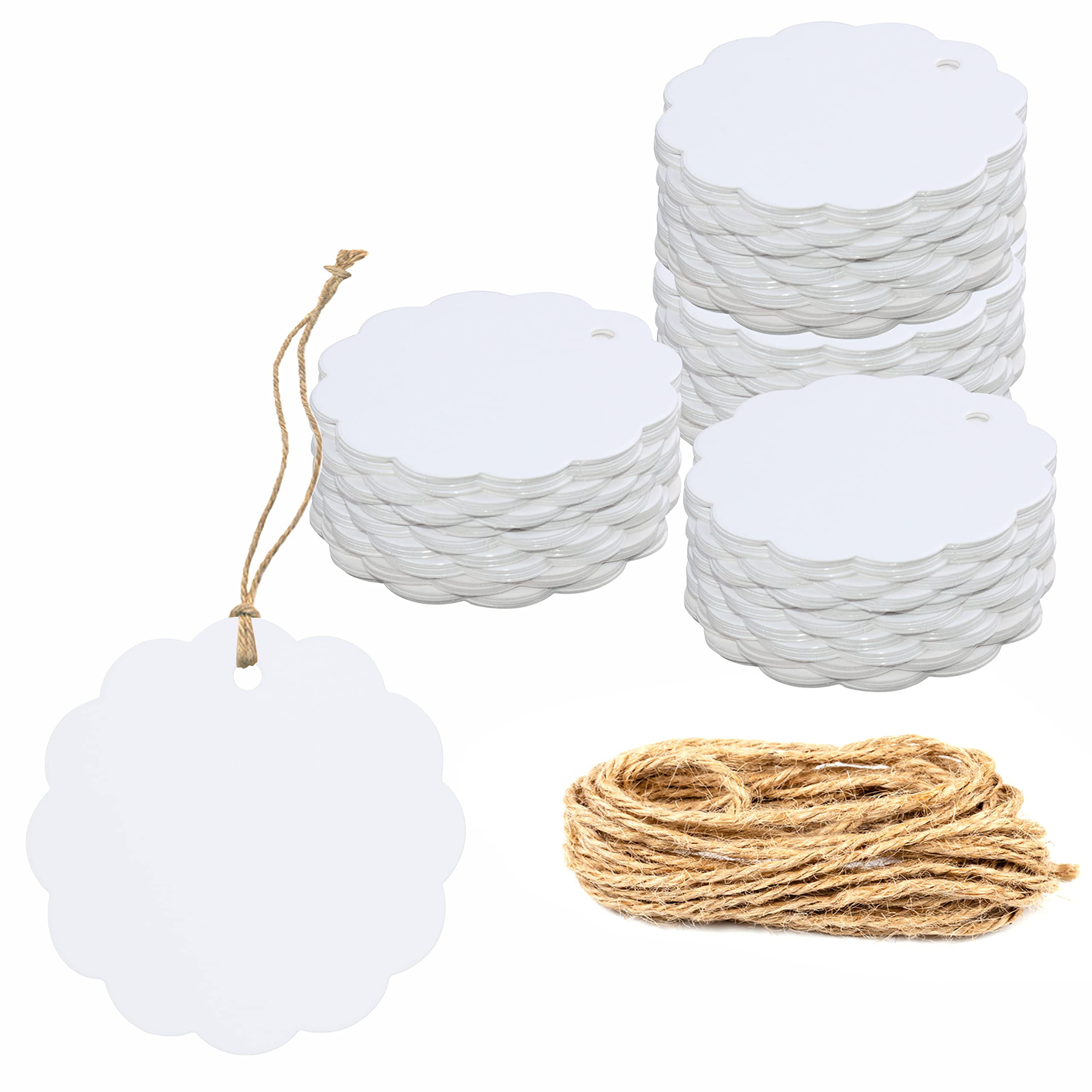 200 Pcs Kraft Paper White Wave Gift Tags with 30 Meters Natural Jute Twine for Craft Packaging (6cm Diameter)