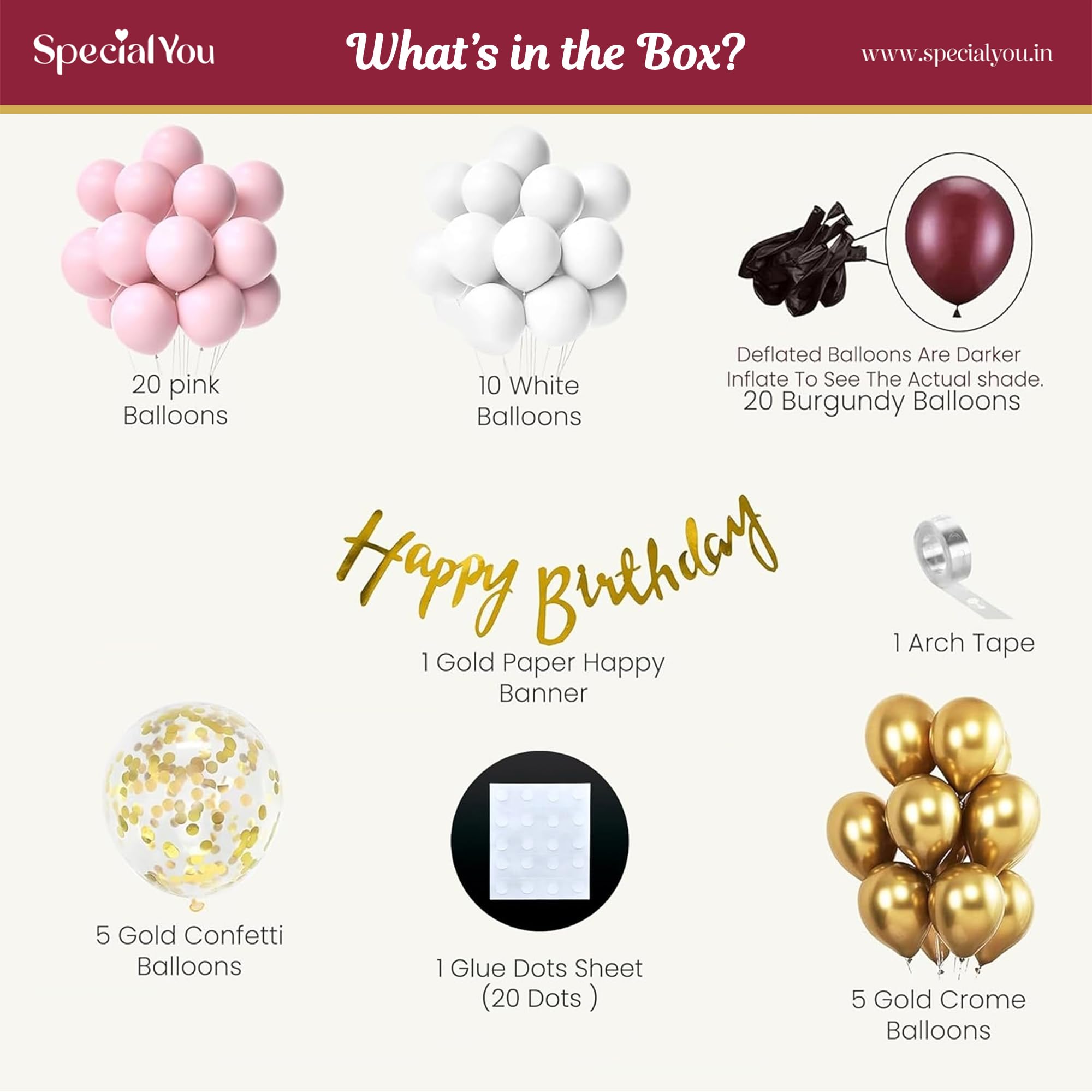 SpecialYou.in Latex Happy Birthday Decoration Kit For Girls - 63 Pcs, Burgundy & Pink Balloons Decoration Kit, Birthday Balloon Decoration Set, Birthday Decor, Balloon Decoration Kit