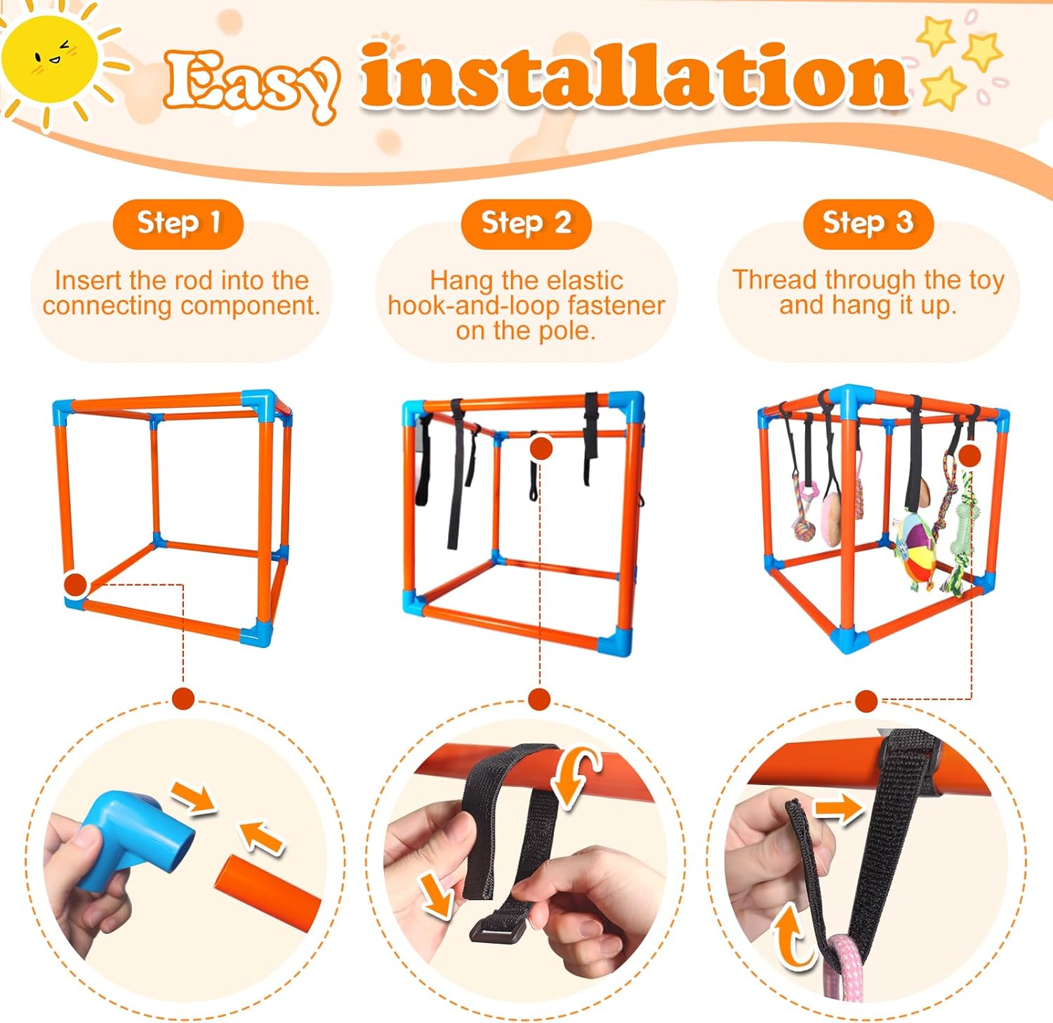 Puppy Play Gym with 8 Hanging Toys – Removable Dog Enrichment Playground, Indoor Jungle Gym & Activity Center for Small Dogs, Adjustable PVC Frame with Bungee Straps and Squeaky Toys