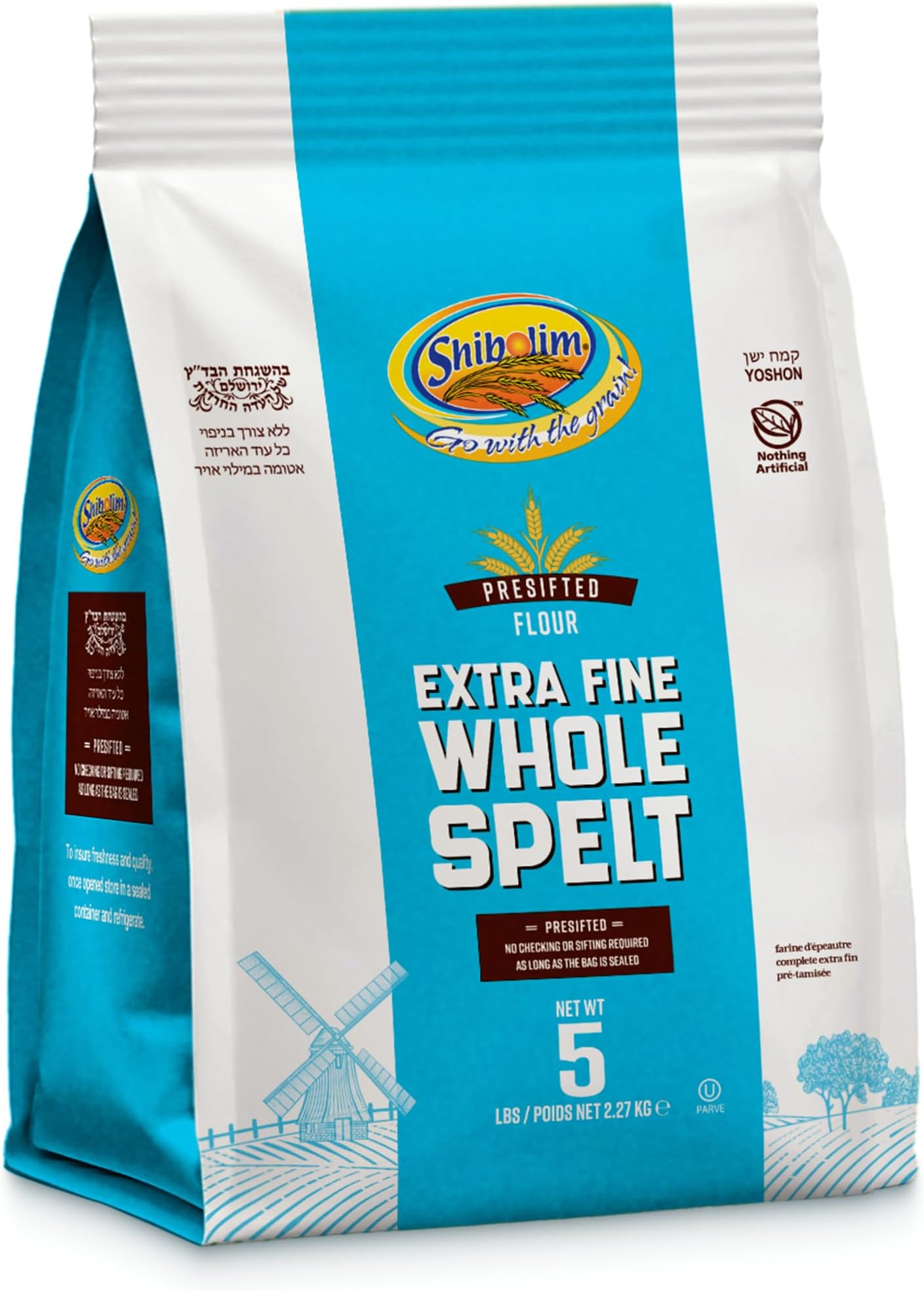 Shibolim Extra Fine Whole Spelt Flour, 80oz (5lb Bag) | Triple Sifted Flour | 100% Whole Grain | Certified Kosher