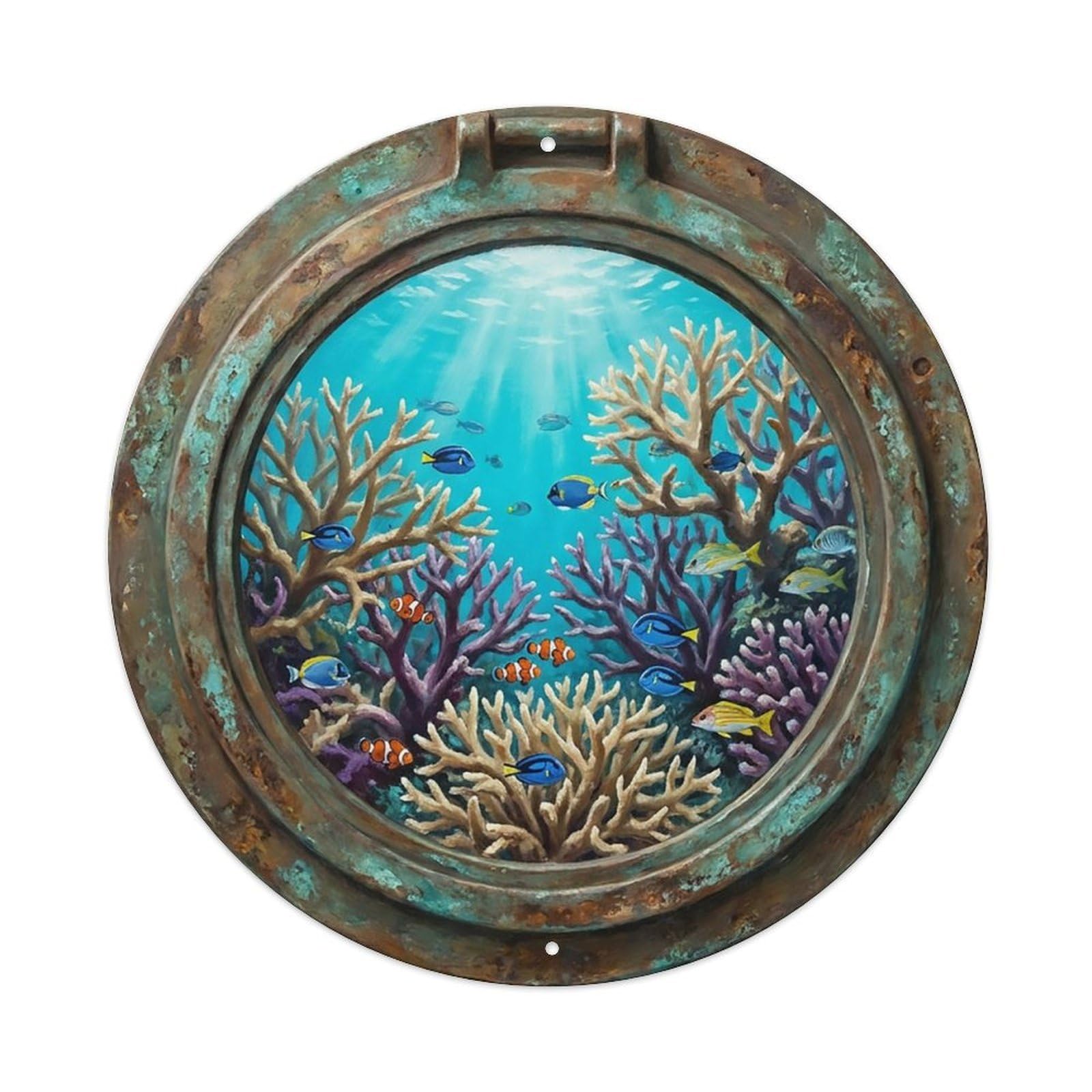 Vintage Porthole Staghorn Coral Ship Window Undersea Deep Sea Metal Tin Sign