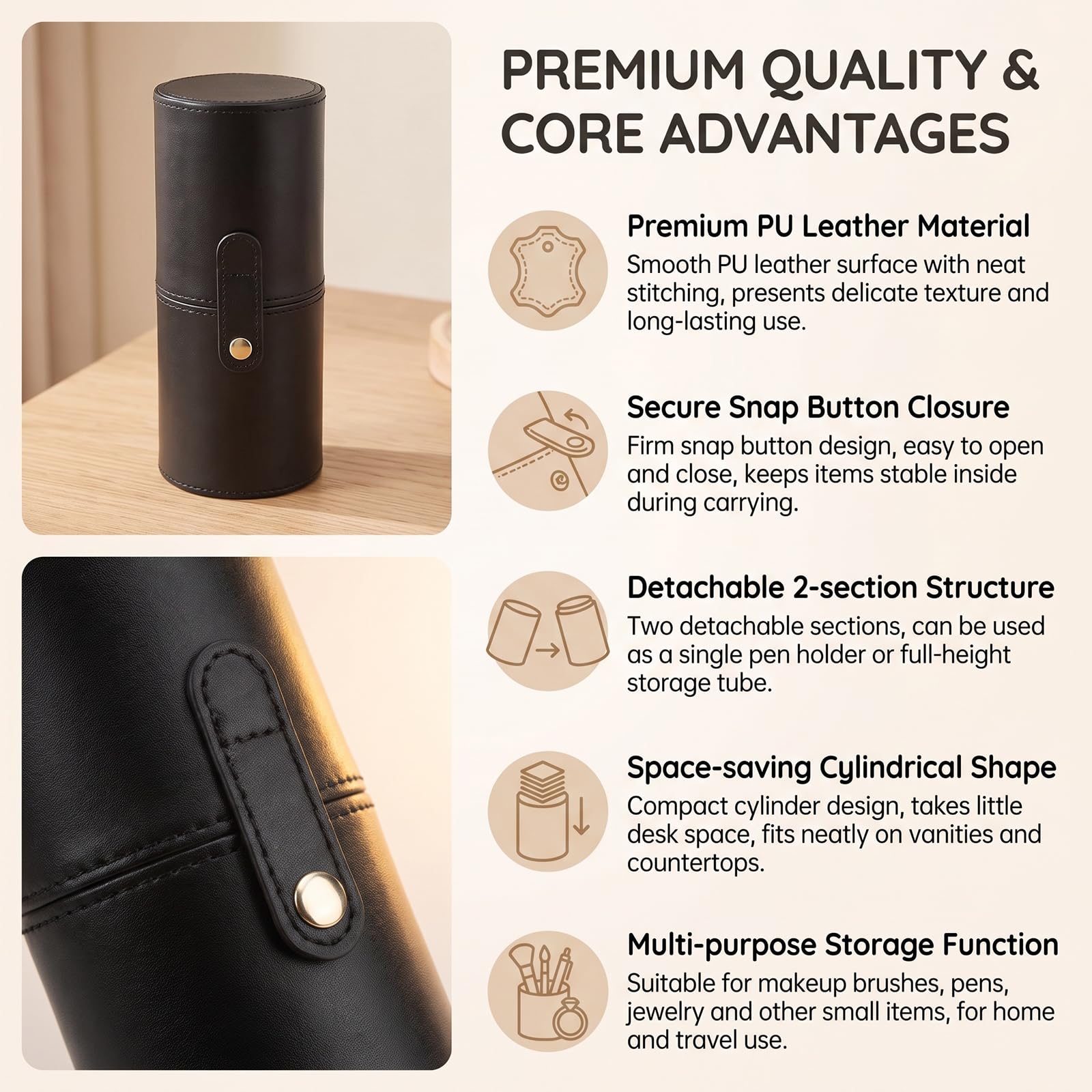 Porta pennelli da trucco vuoto in pelle PU nero con coperchio contenitore per pennelli da viaggio contenitore portatile cosmetici penne organizer per tazze
