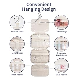 Narwey Striped Hanging Toiletry Bag for Women Travel Makeup Bag Organizer Toiletries Bag for Travel Size Essentials Accessories Cosmetics (Greyish Blue Stripe (Medium))