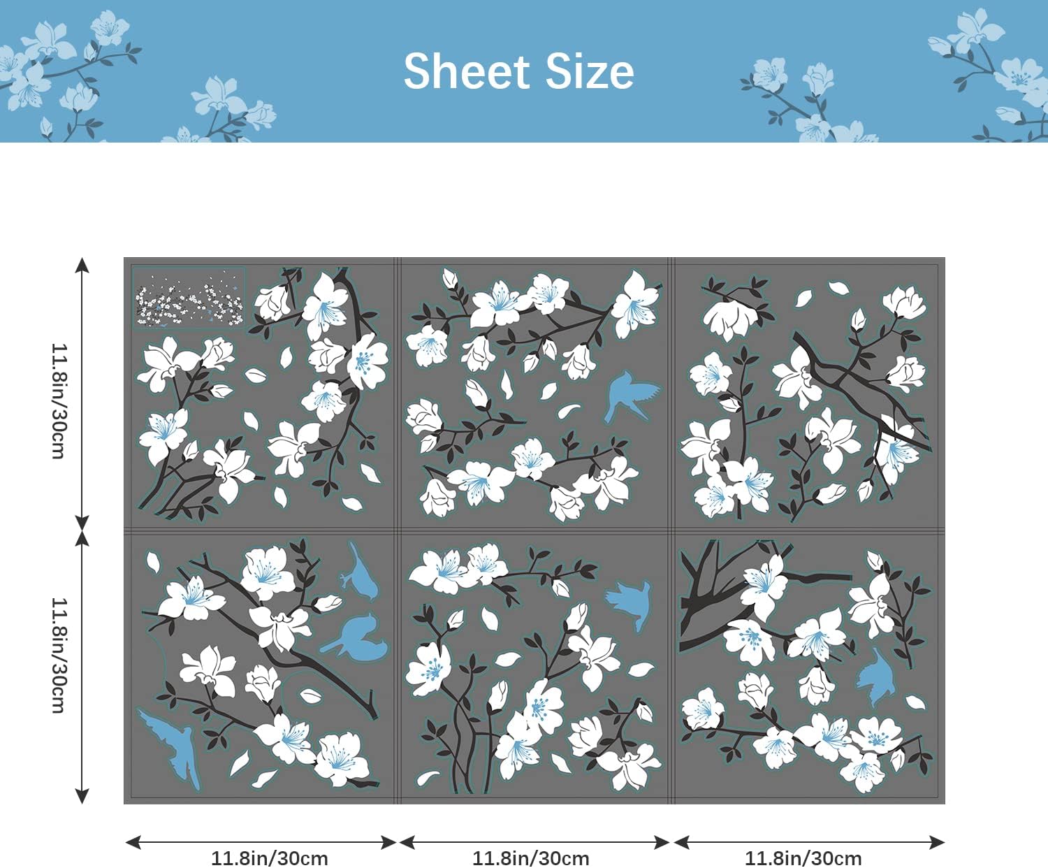 Supzone Blue White Flower Wall Stickers - Cherry Blossom Wall Decal Birds on Tree Branch Art Sticker for Bedroom, Living Room, Office, Study Room, TV, Sofa Wall Decor Home Decoration