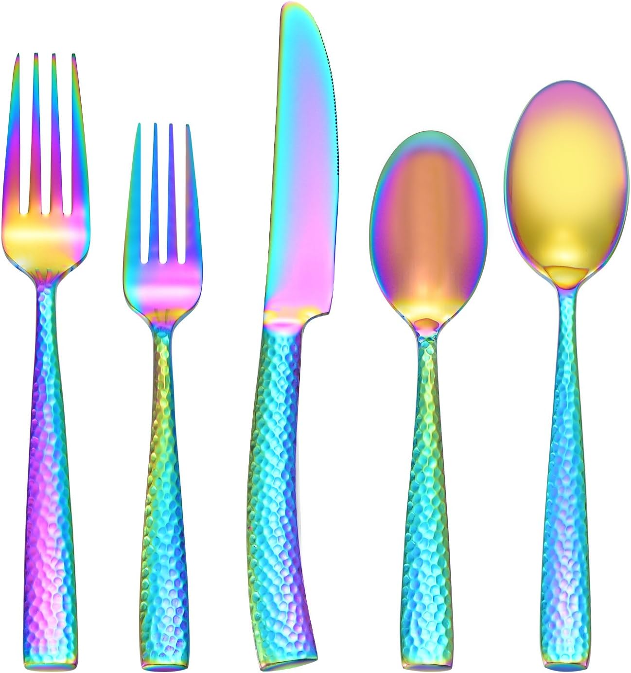 Deacory Flatware Set Silverware Stainless Steel Cutlery 20 Piece, with Titanium Colorful Plated, Multicolor Hammered, Rainbow Color Service For 4