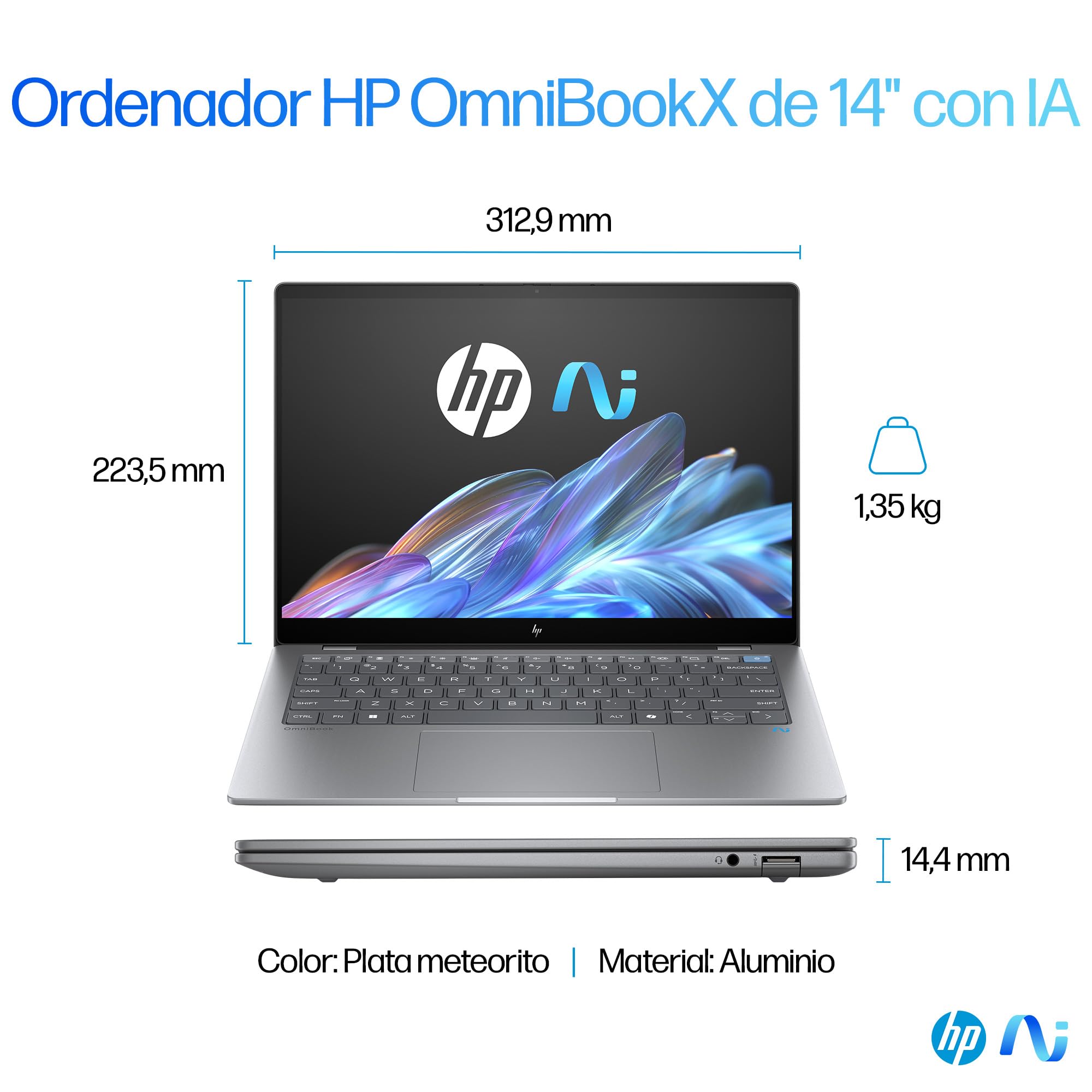 HP OmniBook X AI 14-fe0001ns - laptop IA 14" 2.2k multitouch QC Snapdragon X1E-78-100, 32 GB RAM, 1 TB SSD, Snapdragon X Elite, Windows 11 Szary - klawiatura QWERTY Hiszpański, 1000 GB, 32 GB