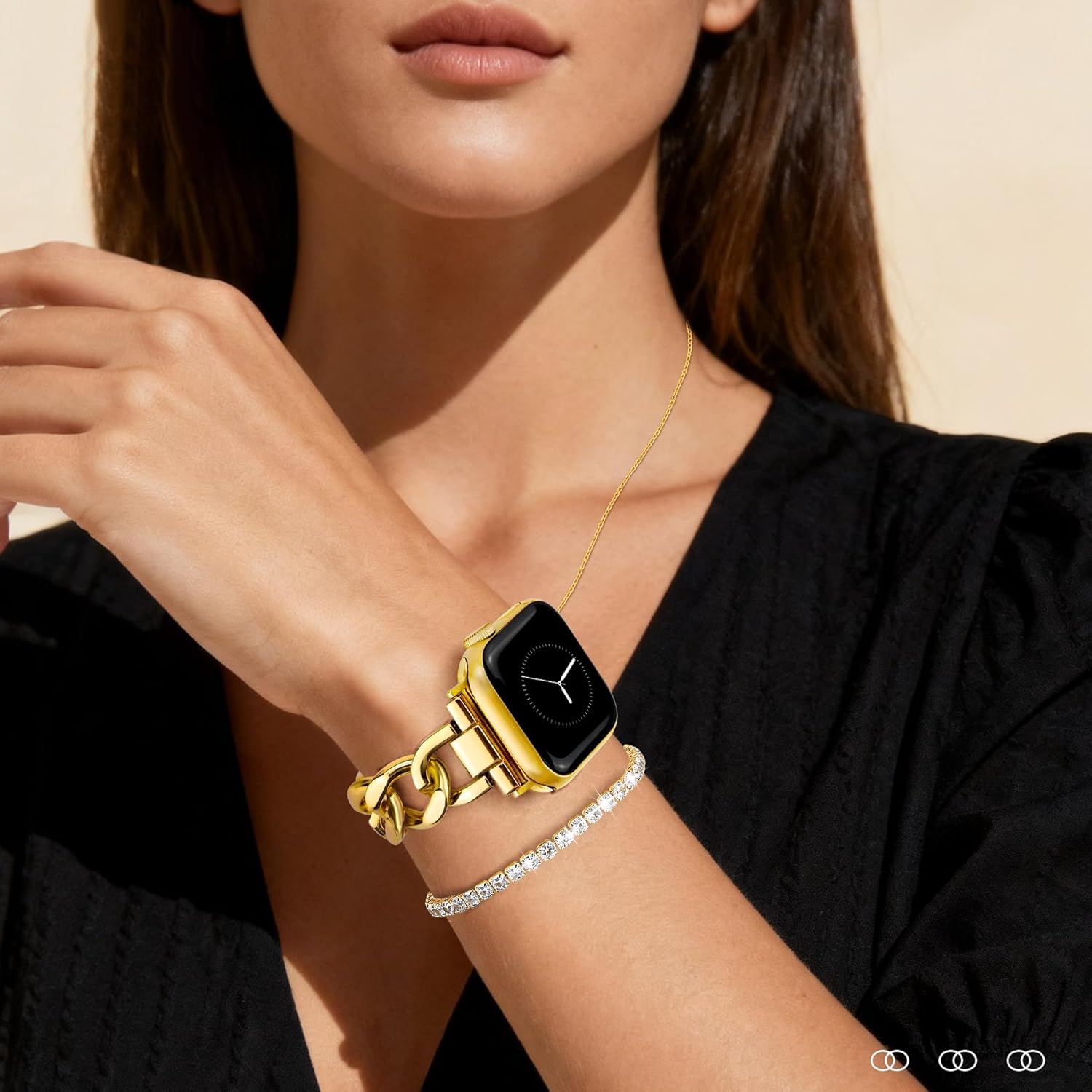 Gold Slim Band and 3Pcs Diamond Jewelry Set for Women Compatible with Apple Watch 38mm 40mm 41mm 42mm(S10/11) Adjustable Metal Dressy Bracelet for iWatch Series 11/10/9/8/7/6/5/4/SE/3/2/1 - Image 8