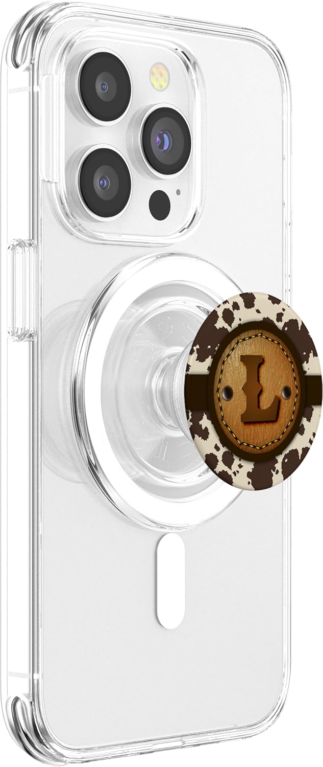 Brown Cow Print Western Monogram - Initial Letter L PopSockets MagSafe PopGrip for iPhone