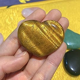 QINJIEJIE 1.8 Large Heart Crystal Love Stone Tigers Eye Smooth Gua Sha Healing Crystals Decor Meditation Yoga Worry Stones Gemstone Pockets Reiki Energy Balancing