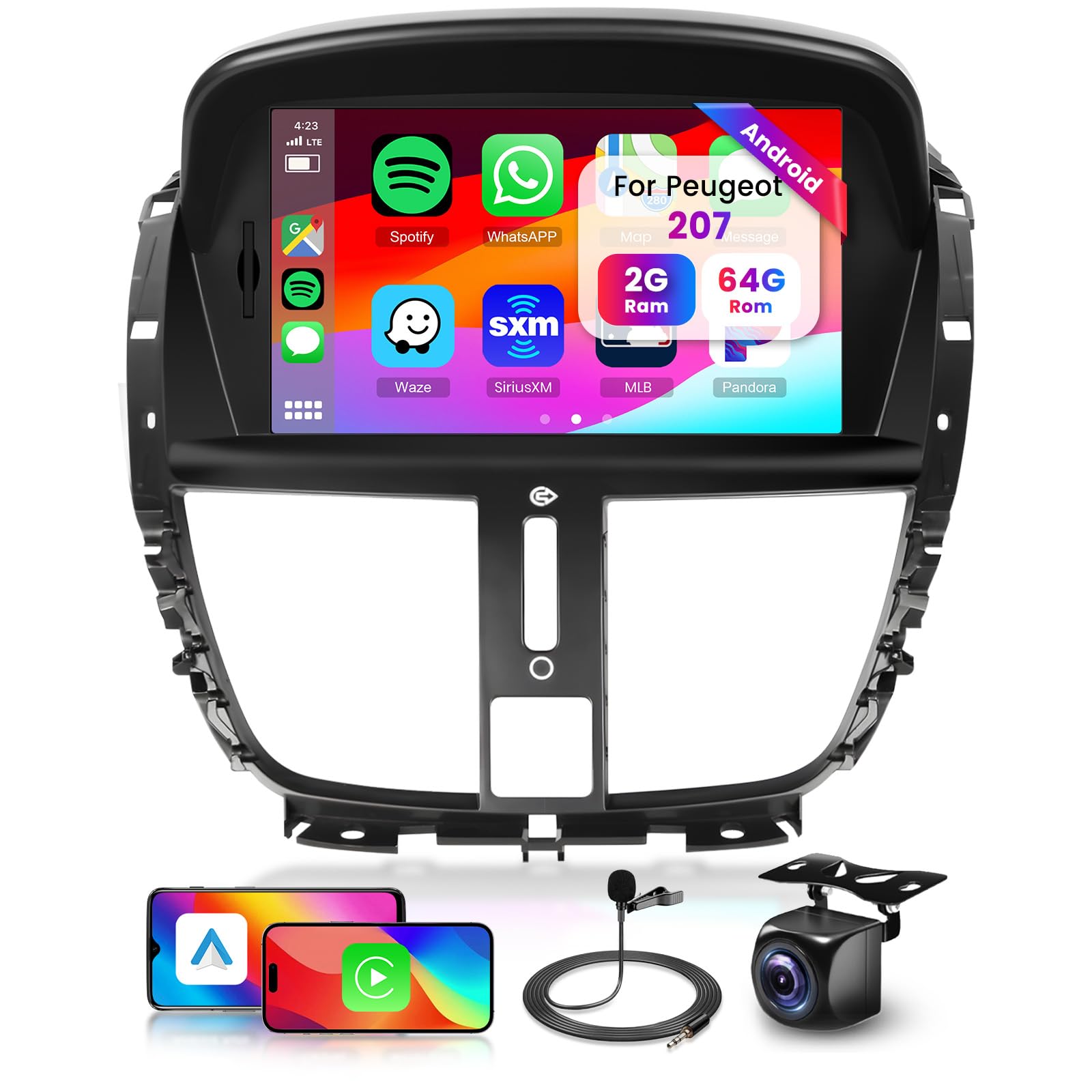 2GB+64GB Android Autoradio per Peugeot 207 2006-2015 con Wireless Carplay Android Auto, Hodozzy Display 7 Pollici Touch Screen Stereo 2 Din con GPS Wifi Bluetooth Canbus DSP FM/RDS Radio Telecamera
