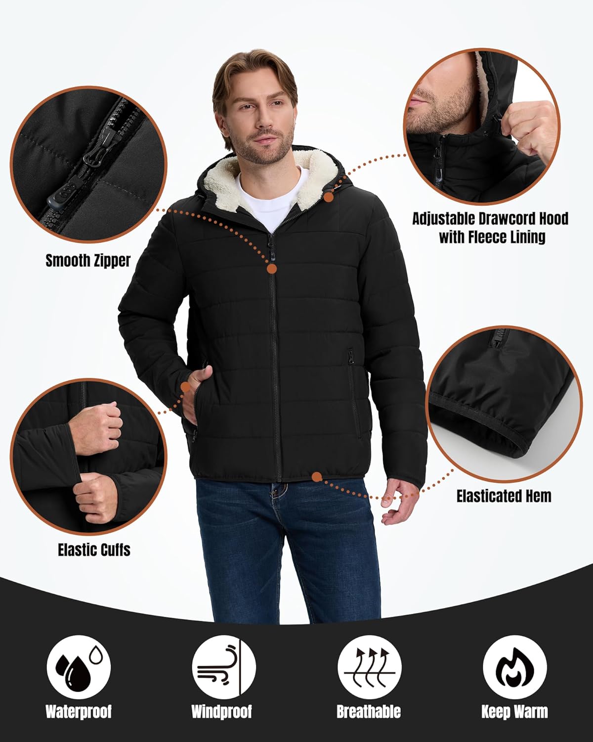 33,000ft Men's Hooded Winter Puffer Jacket Sherpa Fleece Lined Lightweight Warm Quilted Insulated Puffy Coat - Image 3