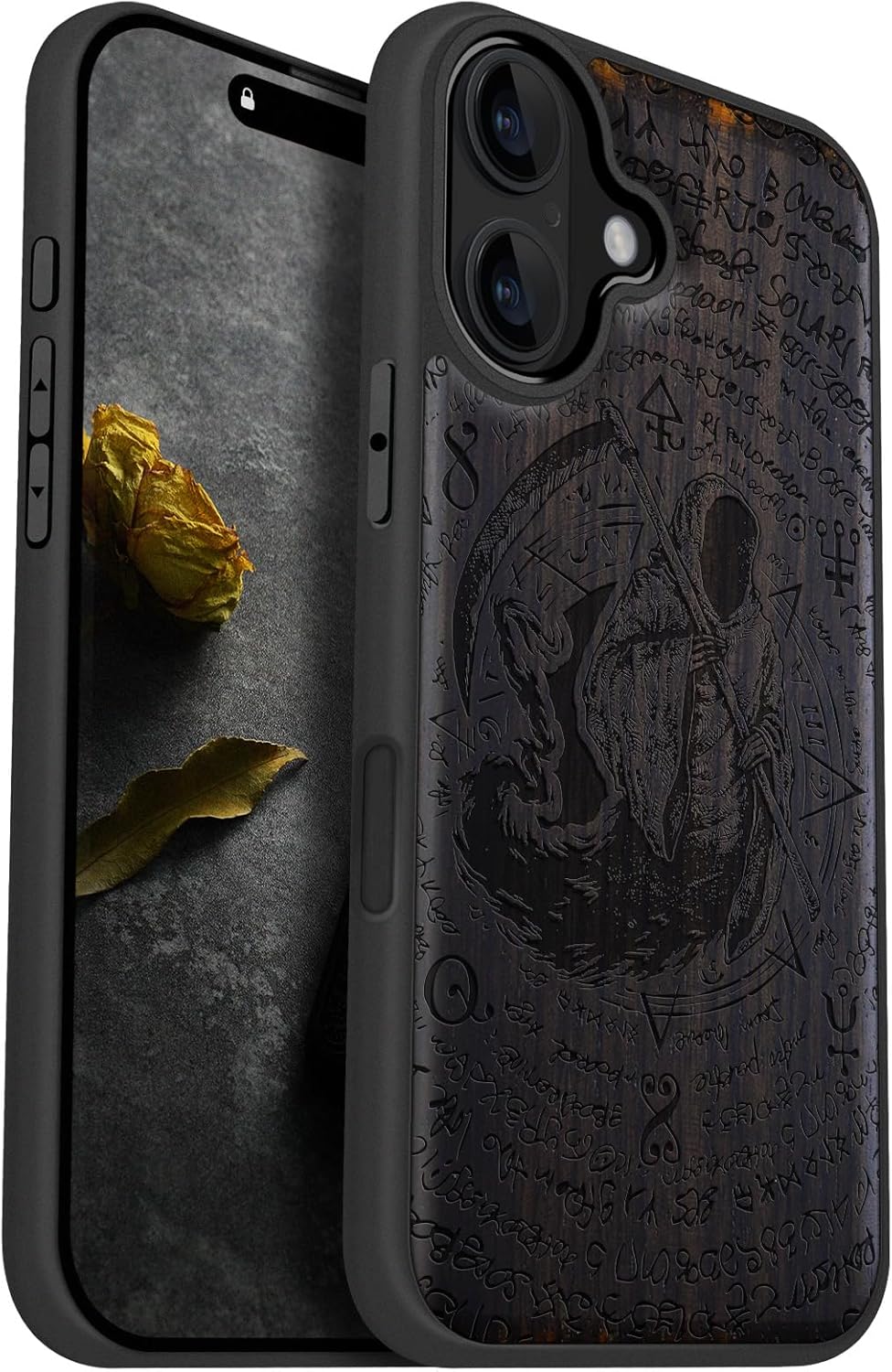 Carveit Magnetic Wooden Case for iPhone 16 Case, Wood Artisan Engraved & Black Soft TPU Shockproof Cover, Compatible with MagSafe Wireless Chargers (The Grim Reaper of Carved) Blackwood