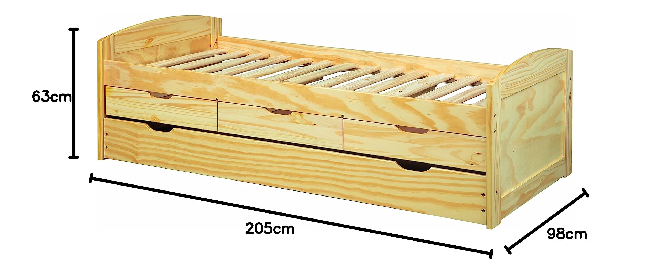Inter Link Letto a scomparsa Letto con contenitore Letto a cassetti Panca letto 2 letti 90x200 cm 3 cassetti contenitore Legno massiccio Con rete a doghe Senza materasso Naturale Marinella 90x200 cm