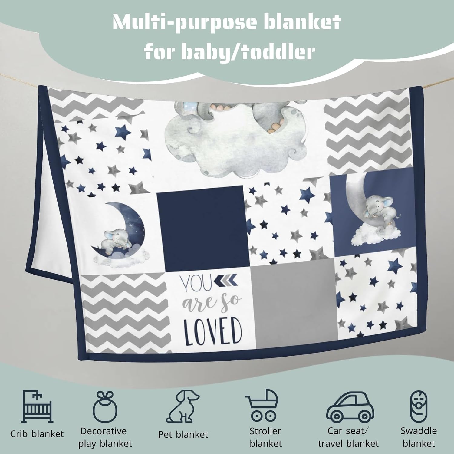HawSkgFub Baby Toddler Boy Sleeping Elephant Blanket Blue, Nursery Dream Big Little One You are So Loved Star Flannel Fleece Bed Swaddling Blankets, Soft Newborn Baby Shower Kids Crib Bedding 40 x 50