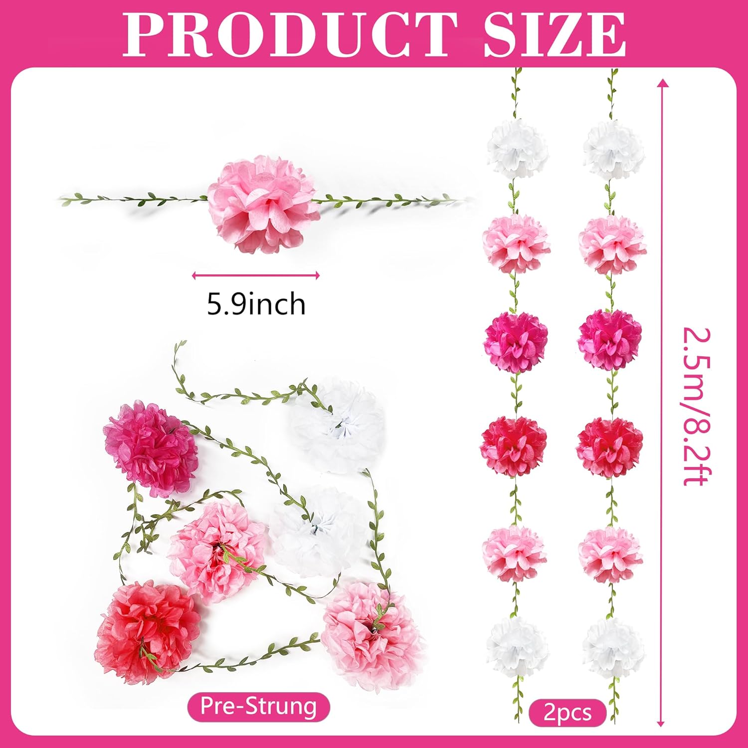 Hot Pink White Party Decorations Ombre Pink White Tissue Paper Flowers Pom Pom Leaf Ribbon Hanging Streamer Garland for Women Girls Birthday Bachelorette Baby Shower Wedding Flamingo Party Supplies - Image 2