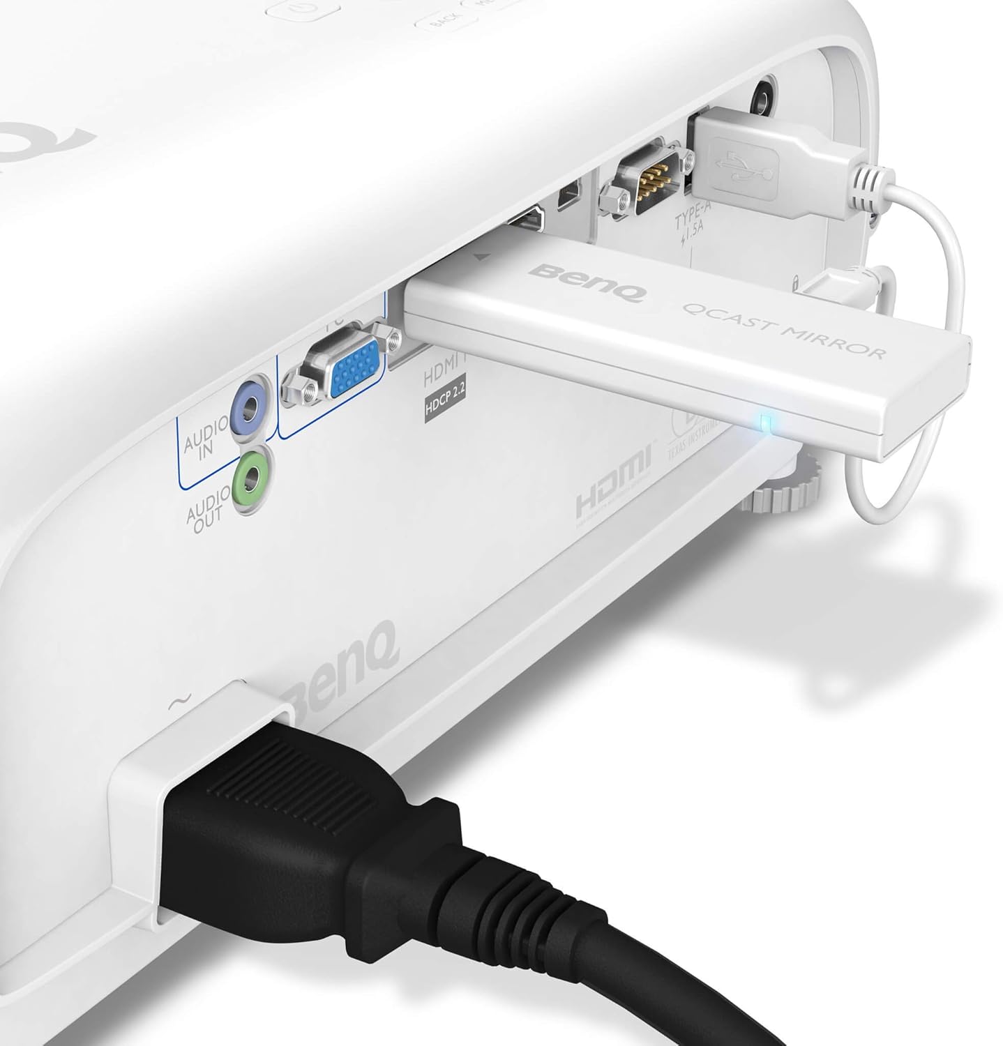 Close-up of BenQ TK800 projector's rear ports with cables connected