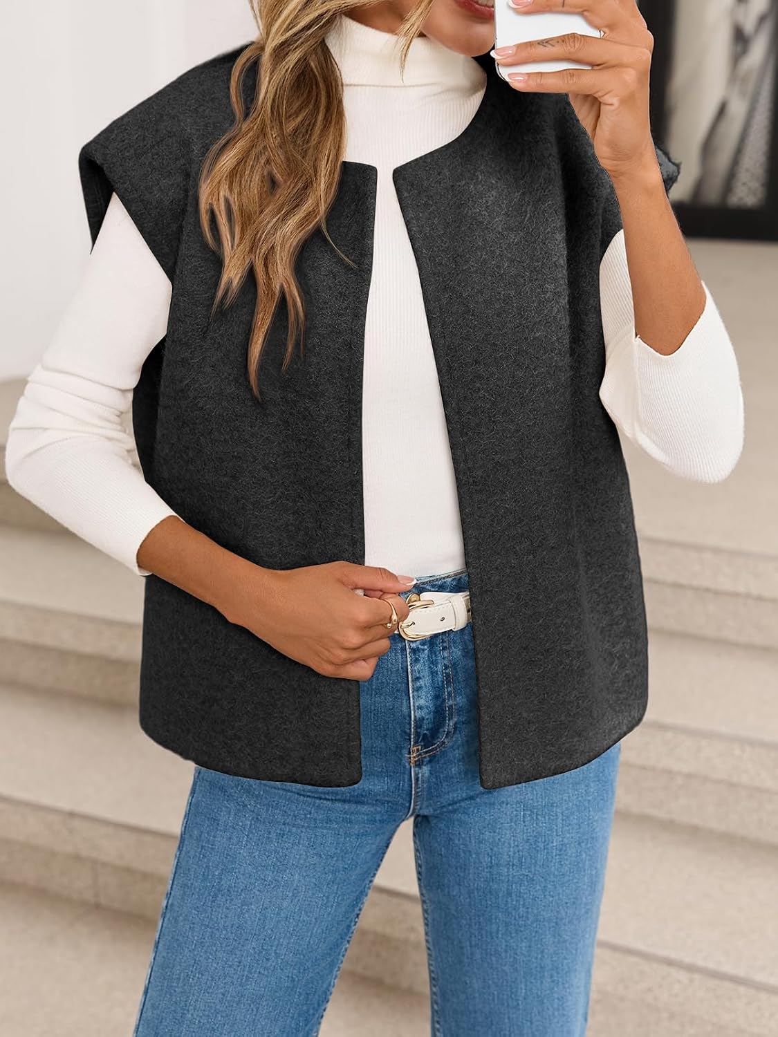 Yousify Womens Fuzzy Vest Cap Sleeve Crew Neck Knit Sweater Fall Casual Open Front Vest Outerwear