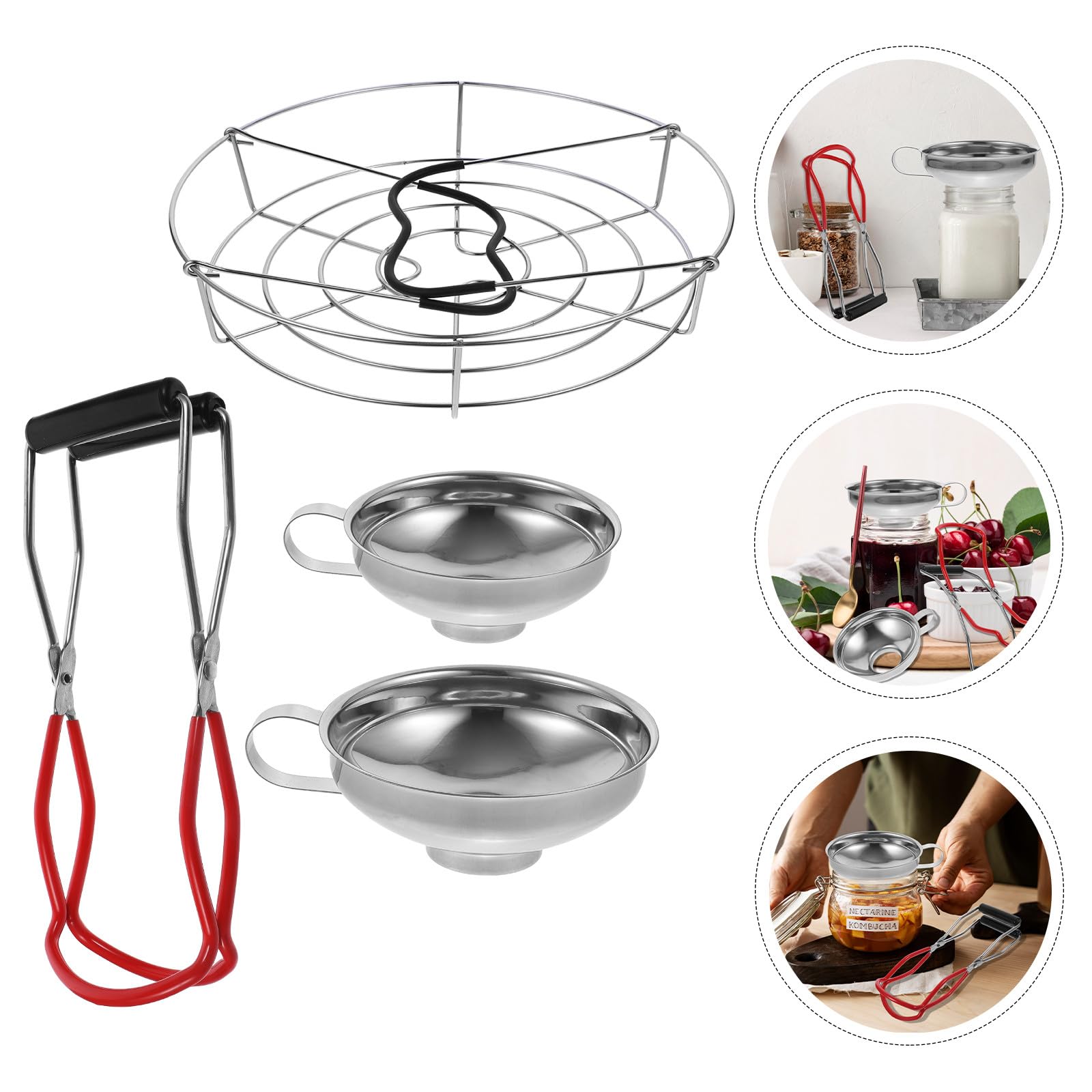 Ciieeo Set Pinze per Conserve in Acciaio Inox 4 Pezzi Impugnatura Antiscivolo, Sollevatore e Imbuto per Inscatolamento Barattoli, Utensili da Cucina per Preparazione Conserve Casalinghe
