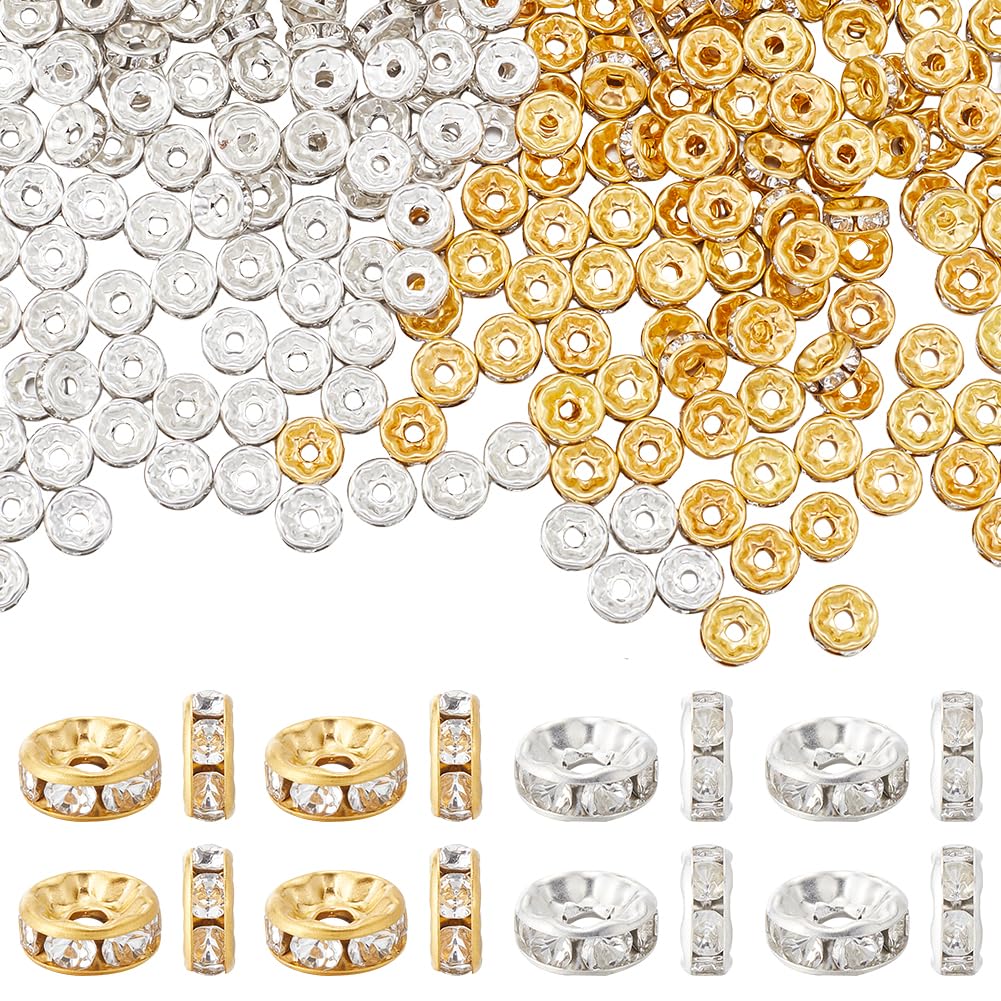 SOFPLATE 1 Box 400Pcs Metal Rondelle Spacer Beads 8mm Crystal Spacer Bead Bulk Iron Rhinestone Silver Gold Round Spacers Loose Charm Beads for Bracelets Necklace jewellery Making Supplies