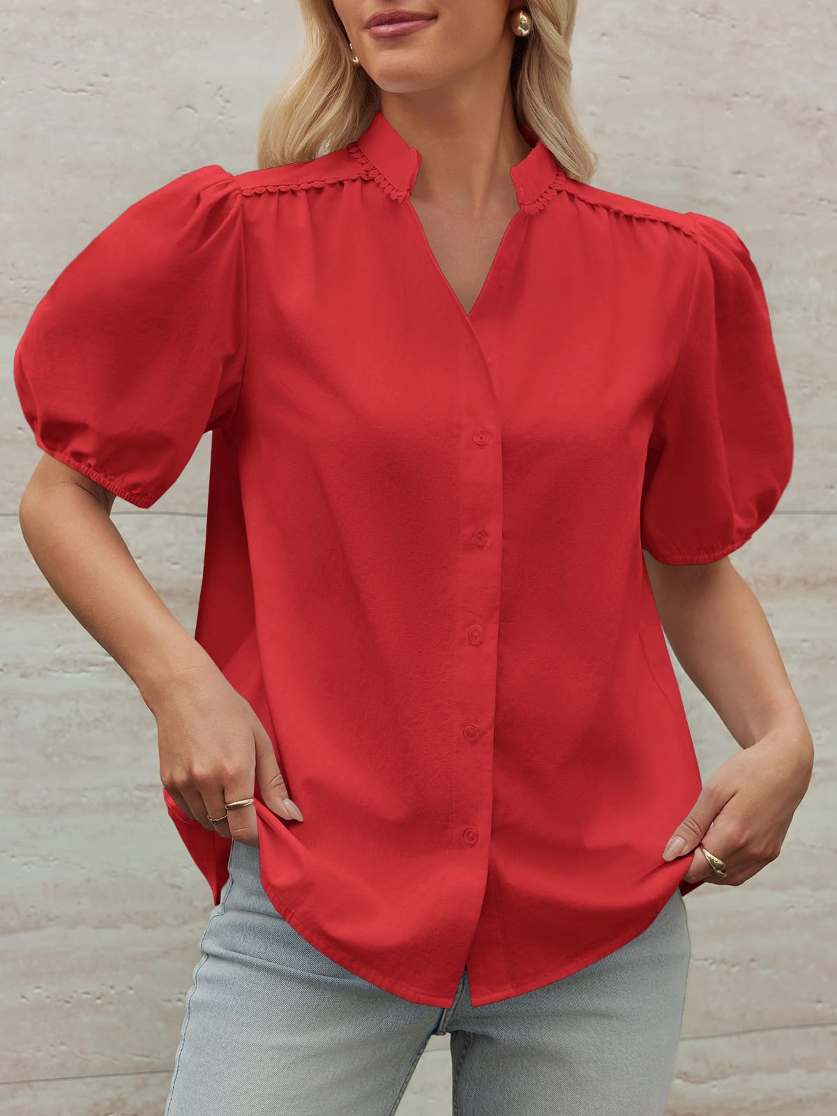 Tankaneo Camicette da donna con maniche a sbuffo e bottoni, in cotone, plissettate, vestibilità larga, estive, eleganti e casual