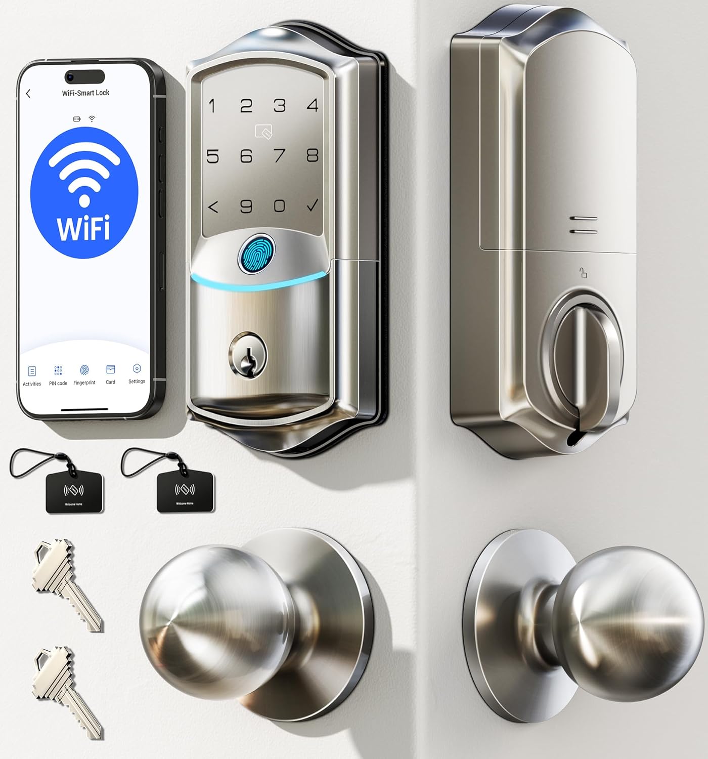 Veise VE027-K Built-in WiFi Smart Lock with 2 Knob, Fingerprint Keyless Entry Door Lock Handle Set for Front Door, App Remote Control, Electronic Digital Keypad Deadbolt, IP65 Waterproof, Satin Nickel