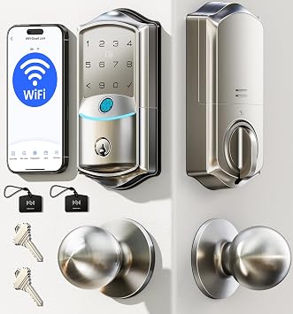 قفل ذكي مدمج بتقنية WiFi من Veise VE027-K بمقبضين، مجموعة مقبض باب دخول بدون مفتاح ببصمة الإصبع للباب الأمامي، جهاز تحكم عن بعد للتطبيق، لوحة مفاتيح رقمية إلكترونية، مقاوم للماء IP65، نيكل ساتان