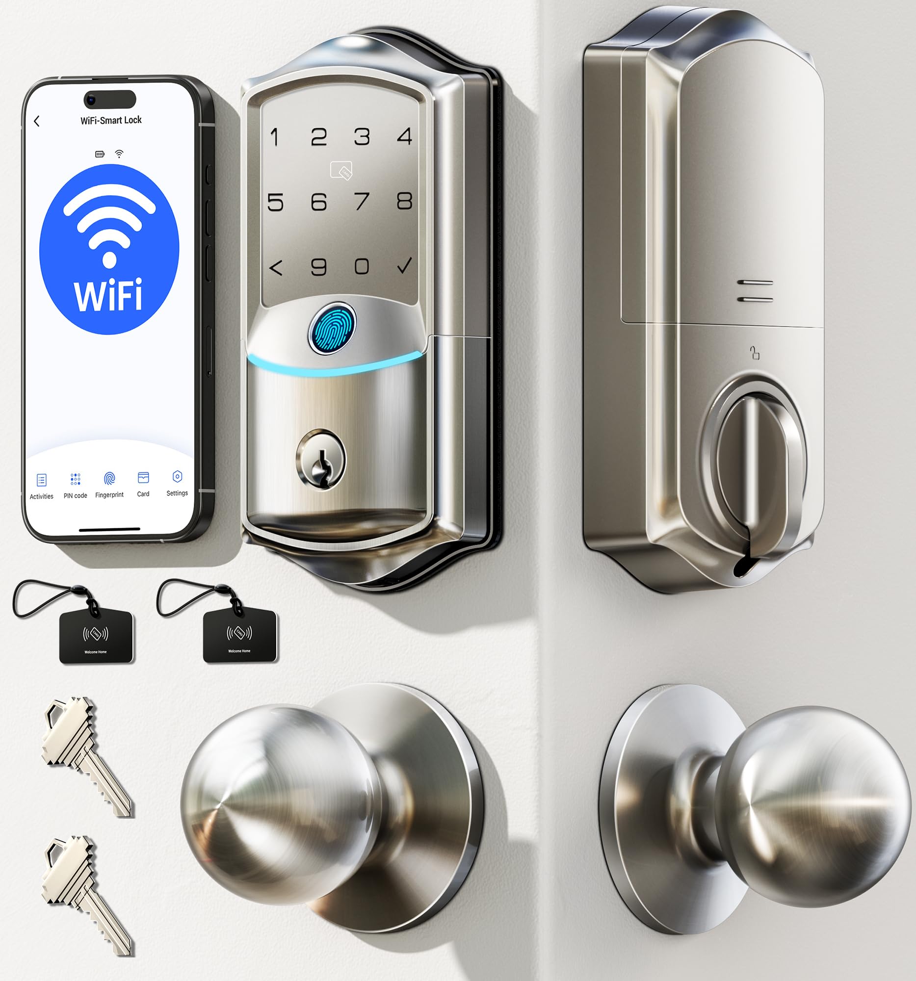 Photo 1 of Veise VE027-K Built-in WiFi Smart Lock with 2 Knob, Fingerprint Keyless Entry Door Lock Handle Set for Front Door, App Remote Control, Electronic Digital Keypad Deadbolt, IP65 Waterproof, Satin Nickel