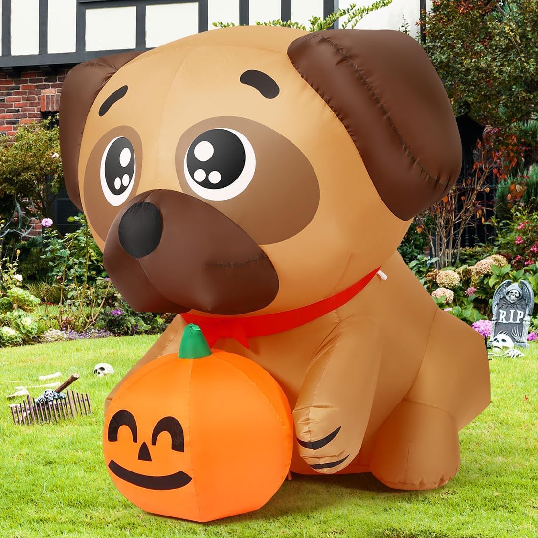 COMIN 5 FT Long Halloween Inflatables Dog Outdoor Yard Decorations Blow Up Pug Holding Pumpkin with Built-in LEDs for Indoor Party Garden Lawn Decor