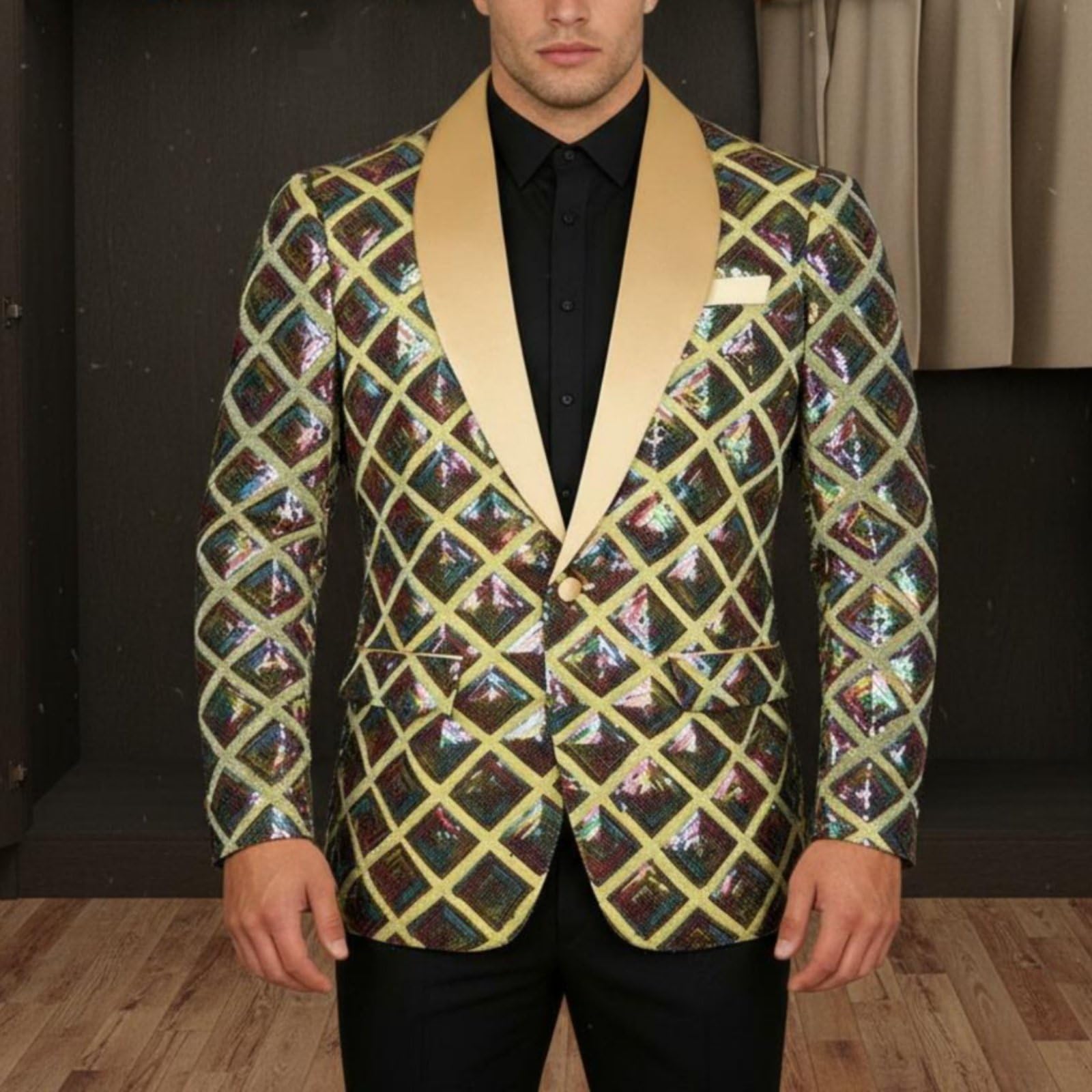 Giacca da Uomo con Paillettes Design Elegante Jacket Paillettes Monopetto Giacca Dinner Jacket Brillante per Artisti, Presentatori, Palcoscenico, Oro, S