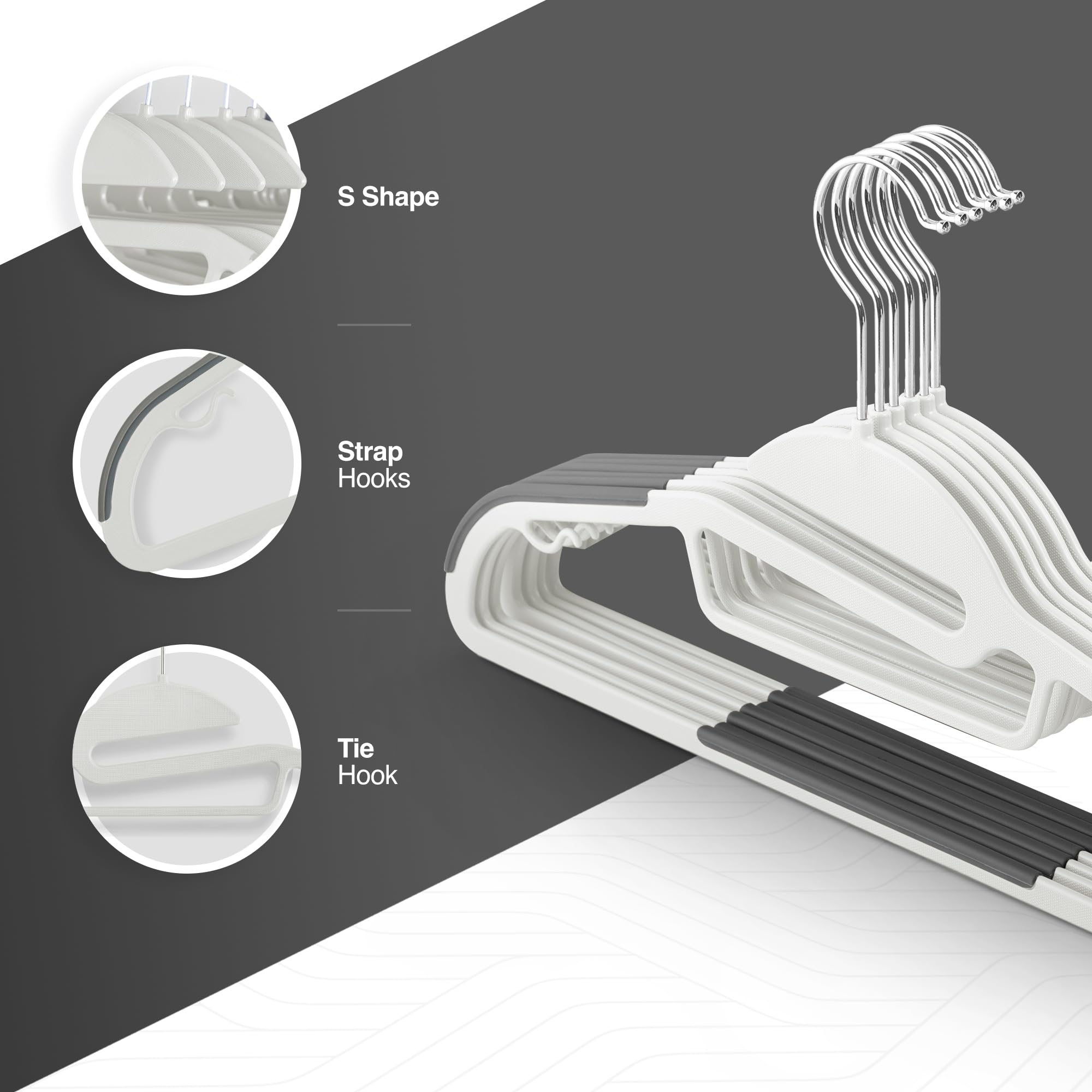 KEPLIN Confezione da 30 grucce antiscivolo, resistenti, design sottile per risparmiare spazio, girevoli a 360°, organizer per cravatte, ganci per cinghie e apertura a forma di S (bianco)