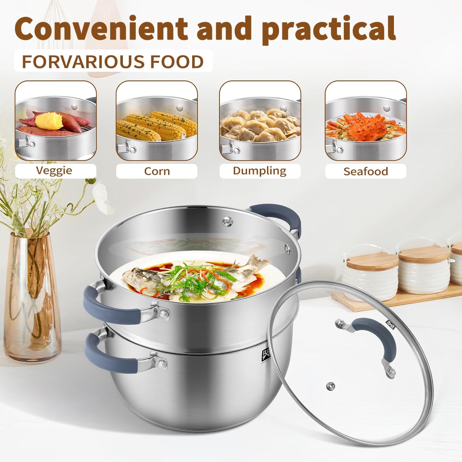 GOLDEN KEY 5.6 QT Steamer Pot with Lid,2-Tier Multipurpose 18/8 Steamer for Cooking with Vegetable Steam Basket for Vegetable,Soup, Seafood,Dumplings,Oven & Dishwasher Safe