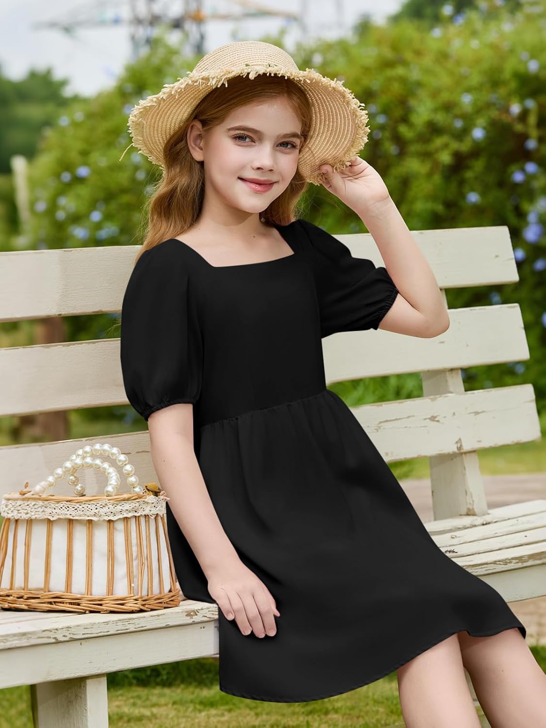 Haloumoning Girls Puff Short Sleeve Summer Dress Kids Casual Square Neck A-Line Smoked Dresses 5-14 Years - Image 5