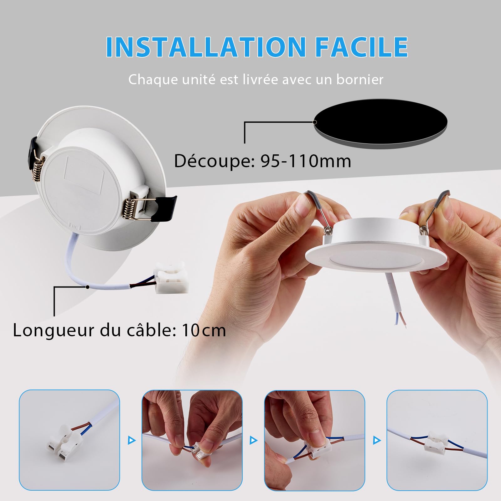 7W Spots LED Encastrables 220V, Spot Salle de Bain IP65, Ultramince 25 mm, 630LM, Blanc Froid 6000K, Trous Ø95-110mm, Spot LED Plafond Rond pour Cuisine, Salon, Chambre, Lot de 6