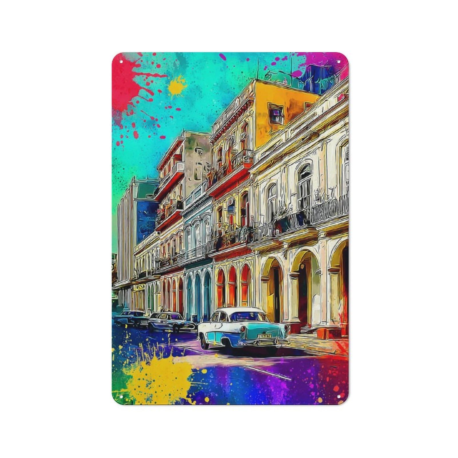 Junmoney Colorful Urban Street Scene -1 Metal Sign 30X20cm With For Pub Or Café, Vintage Decor, For Metal Sign Collectors, For Garage And Workshop Walls
