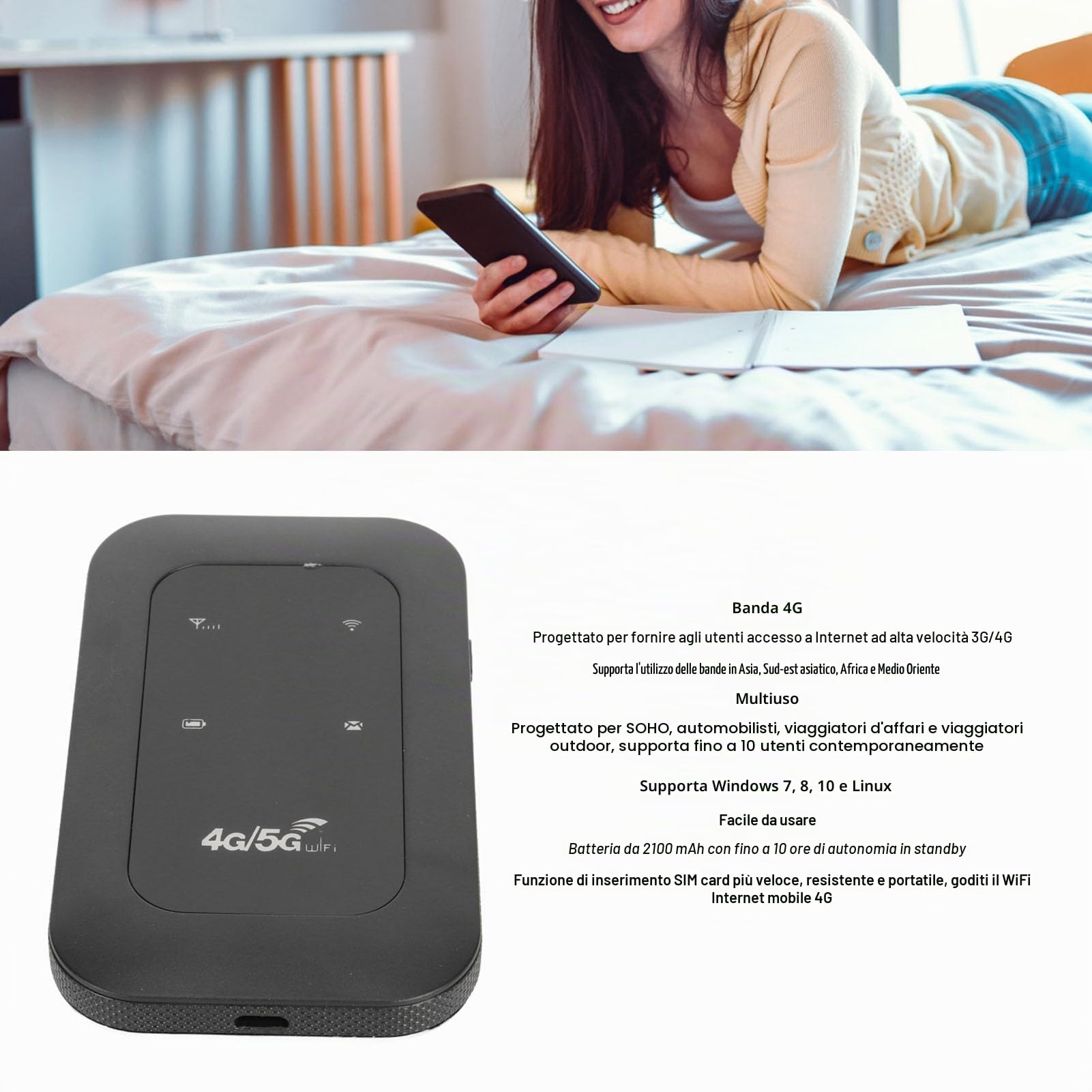 Zunate Hotspot Mobile 4G LTE, Router WiFi Portatile Con Slot per Scheda SIM, Dispositivo Tascabile Ad Alta Velocità Che Collega Fino a 10 Dispositivi