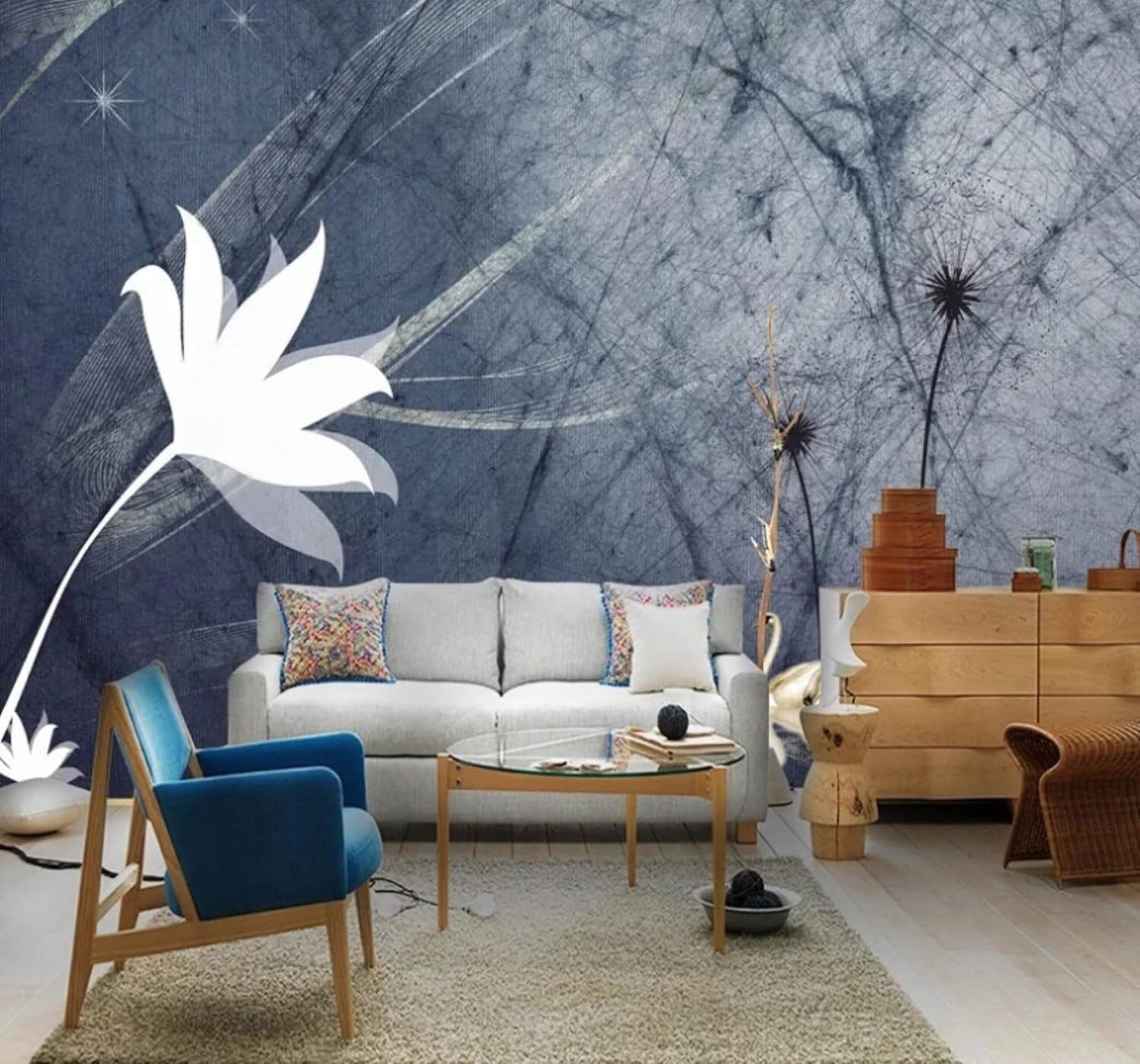 Wallpaper-3D-Xlm 400Cm×280Cm(B×H) Abstract Retro Hand Drawn Flowers Swans 3D Wallpaper Easy Install Feature Office Living Room Sofa Bedroom Tv Background Wall Decoration-400Cm×280Cm