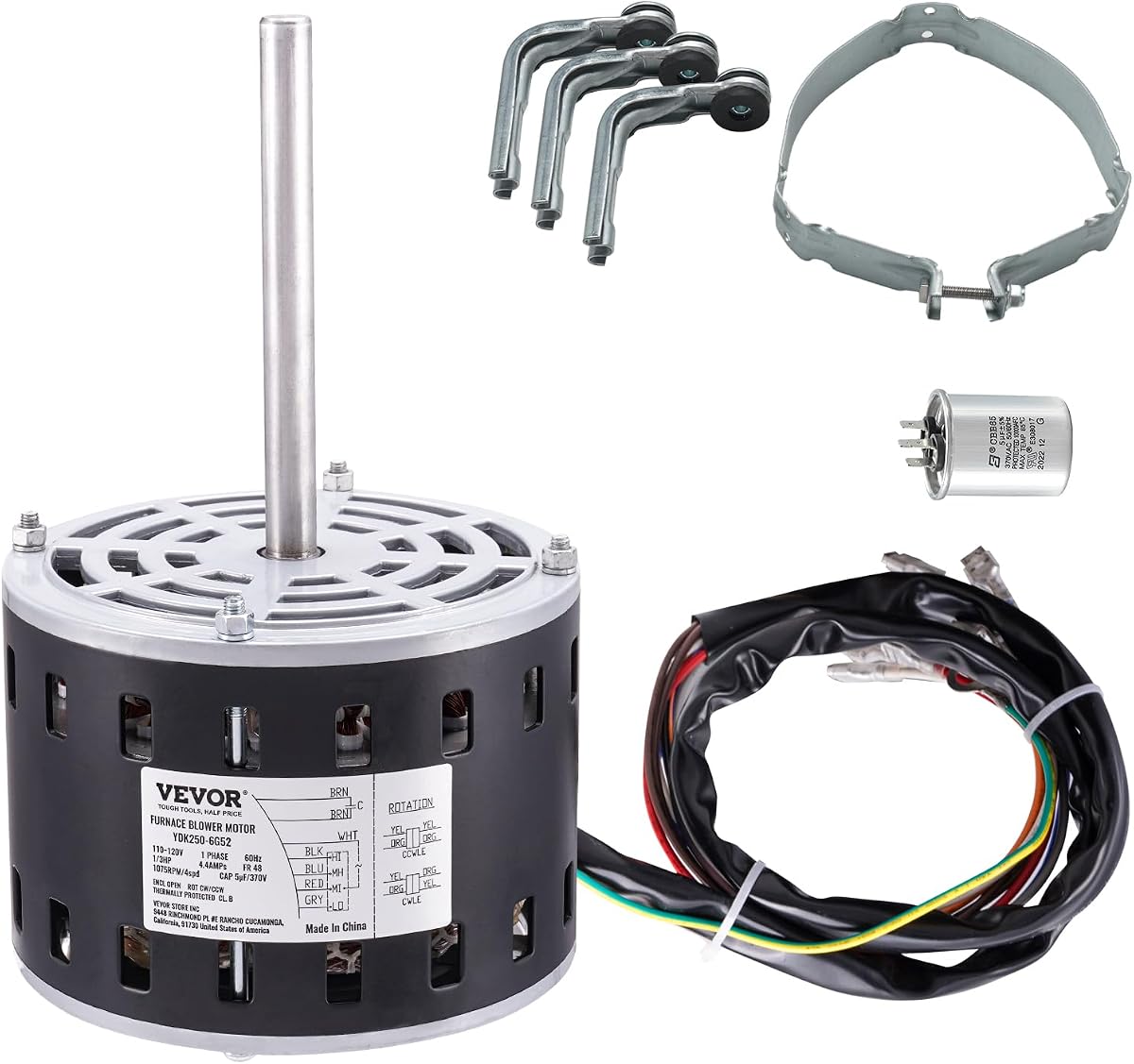 VEVOR 1/3HP Furnace Blower Motor, 110/120V 4.4Amps, 1075RPM 4 Speeds, CW/CCW Rotation, 48 Frame 5.2" Shaft Length, 5μF/370V Capacitor + 11" Hold Hoop
