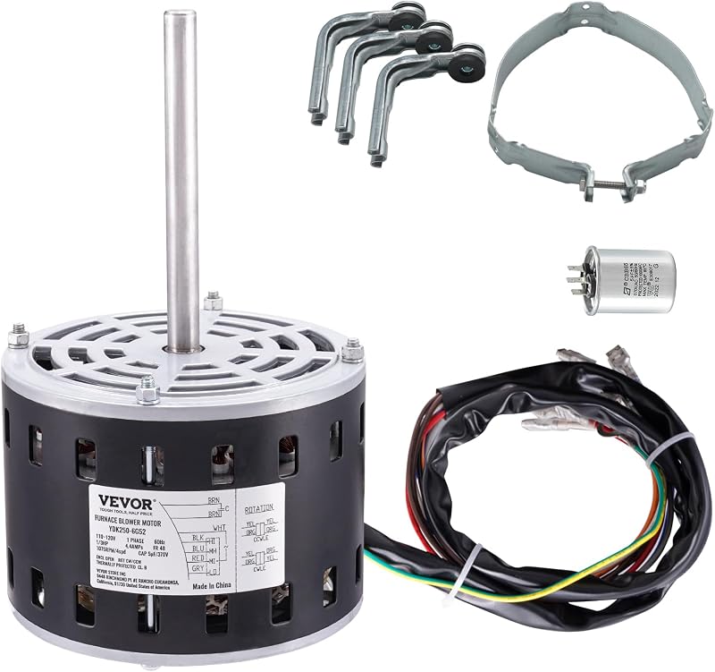 VEVOR 1/3HP Furnace Blower Motor, 110/120V 4.4Amps, 1075RPM 4 Speeds, CW/CCW Rotation, 48 Frame 5.2" Shaft Length, 5μF/370V Capacitor + 11" Hold Hoop