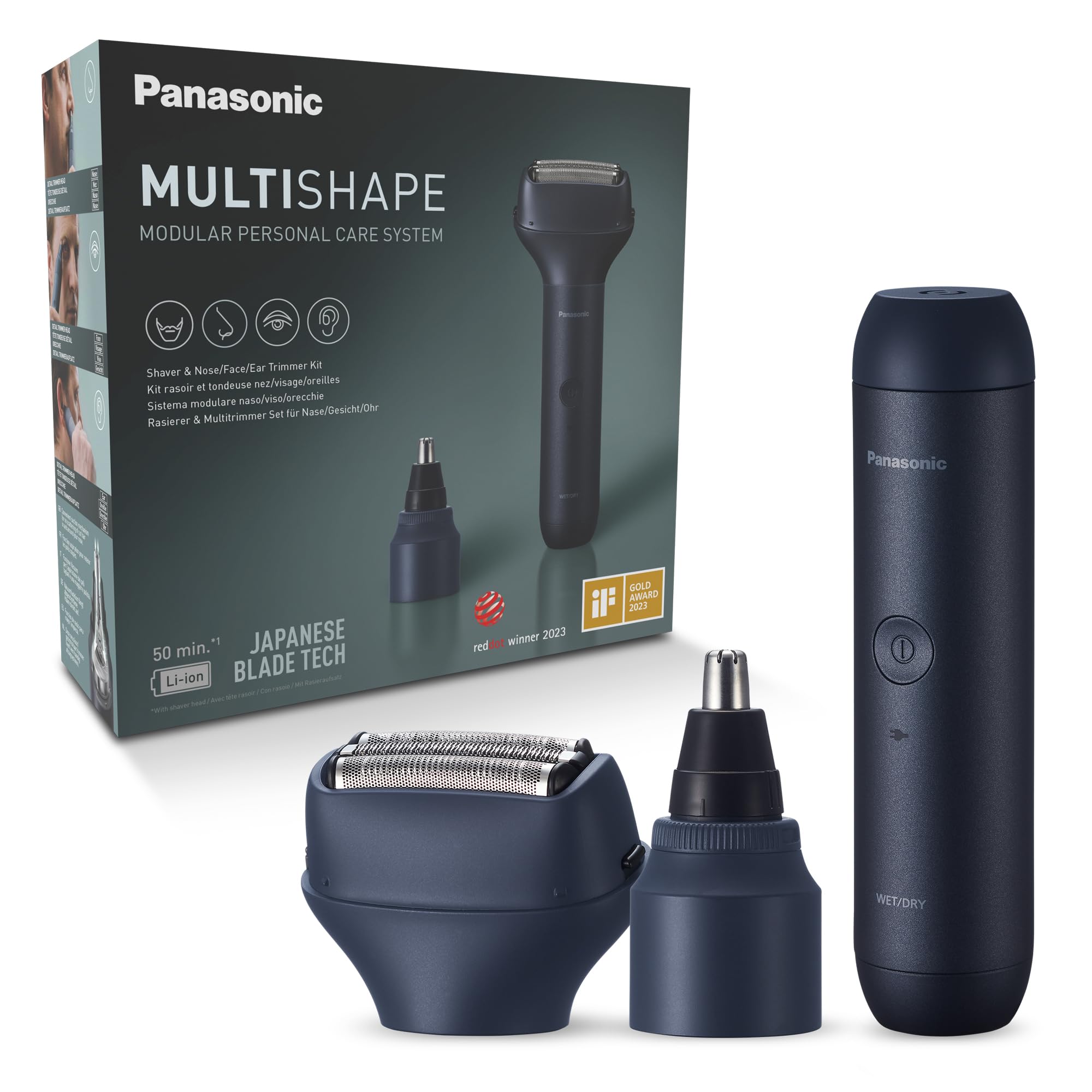 Panasonic XSHAPE JUNIOR MULTISHAPE Modulares Körperpflegesystem, Hauptgerät für MULTISHAPE-System, Nasen-/Ohren-/Augenbrauentrimmer, 3-Klingen-Scherkopf mit Li-Ionen-Akku, Schwarz