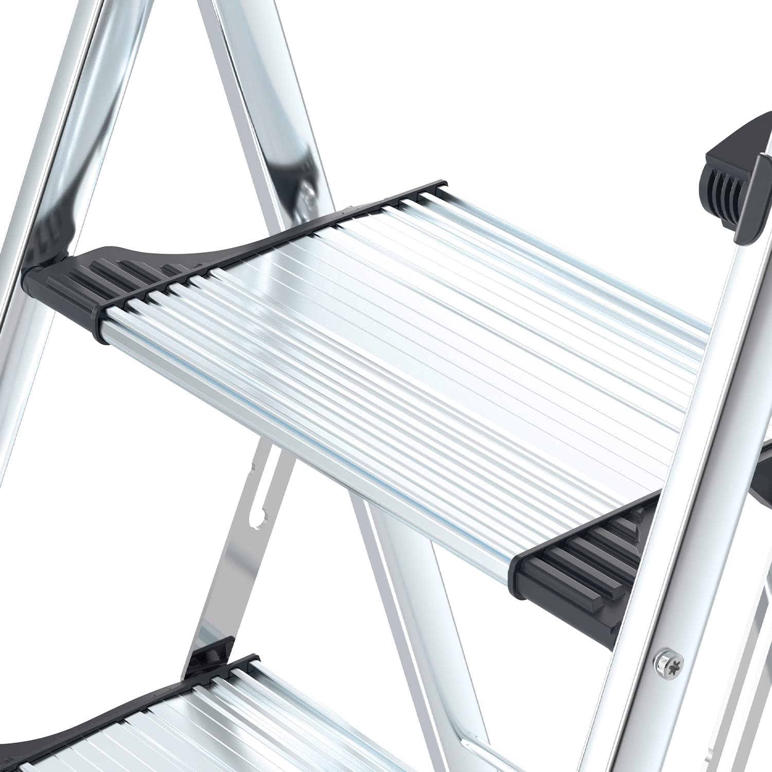 Hailo Alu-Klapptritt Topline, 3 extra große Stufen bis 150 kg, kleine Alu Leiter mit hochgeschwungenem Sicherheitsbügel & Ablageschale, Soft-Grip-Füße, rostfrei, Silber, Aktuelles Modell K100