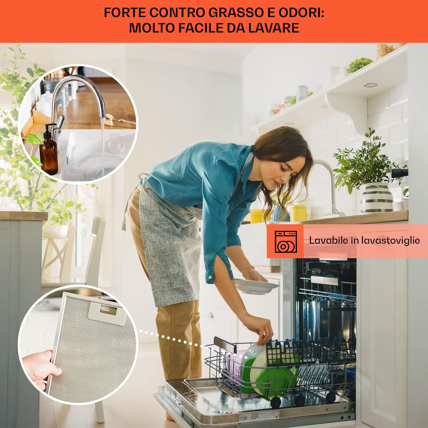 Woman cleaning a range hood grease filter and placing it in a dishwasher