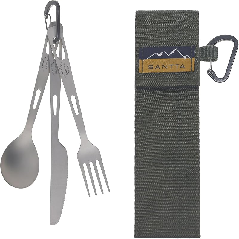 Titanium Utensils-Spoon Fork Knife 3-PC Portable Cutlery Set | Ultralight 3 Pieces Flatware with Pouch & Carabiner for Outdoor Camping Backpacking