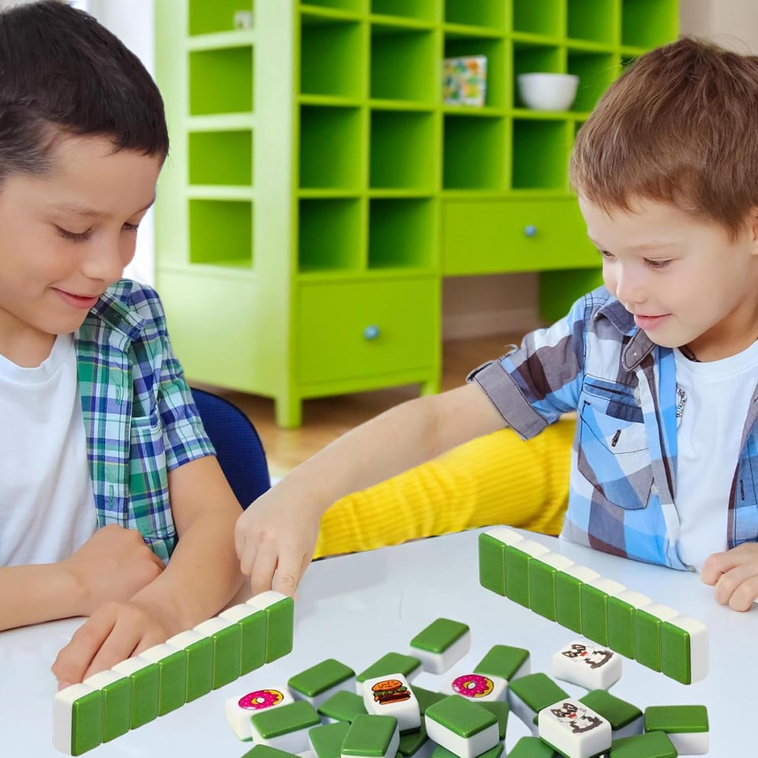 Push Tile Game 64 Pcs Set, Adorable Dog and Food Patterned Mahjong Tile Set Plastic, 1.2x0.9x0.6 Inch Push Game for Kids Adults