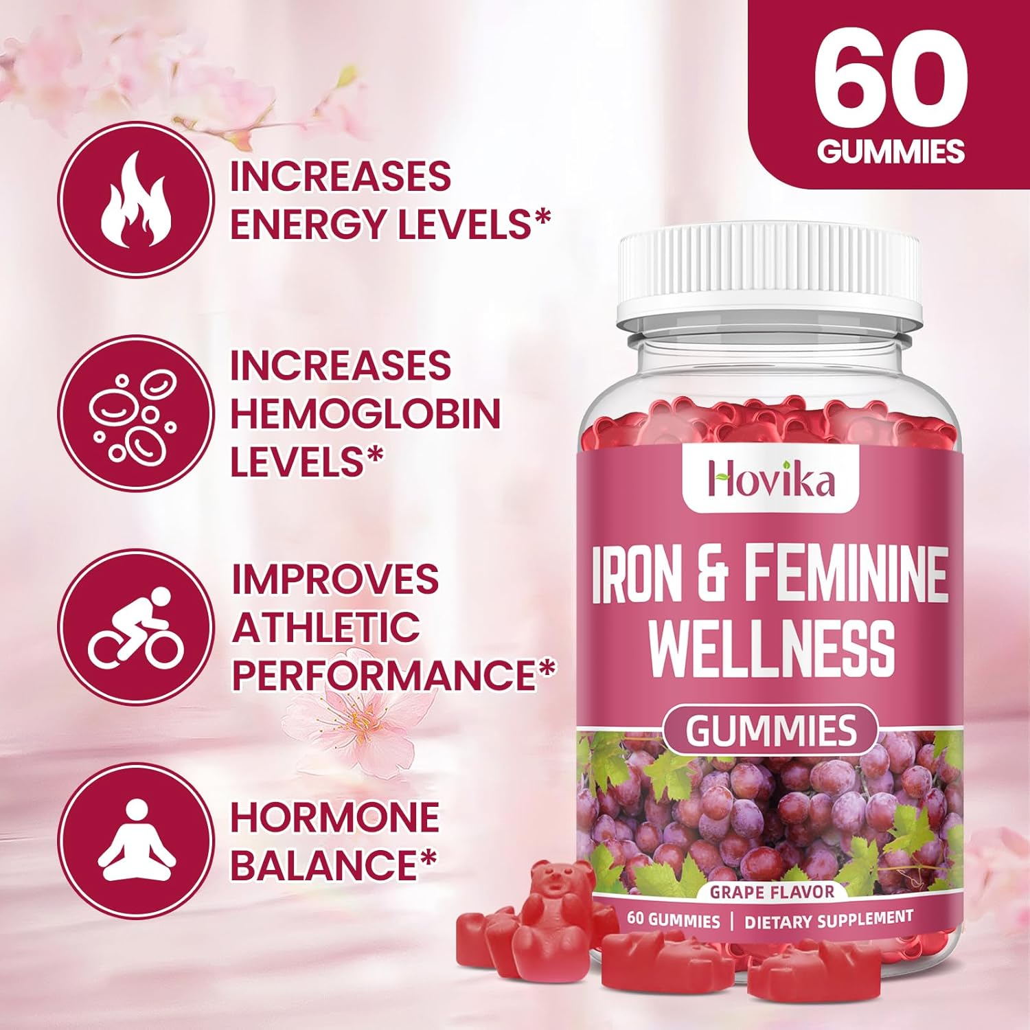 Iron for Women Gummies, 40mg Iron Supplement Anemia with multivitamin for Women, Zinc, Selenium, Iodine - for Iron Deficiency - Natural Hormonal Support for PMS, Grape Flavour, 2 Pack