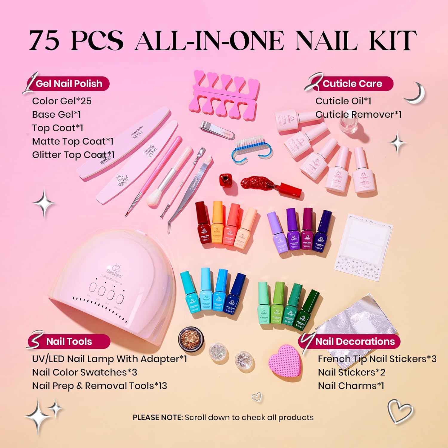 Beetles Gel Nail Polish Kit with U V Light - 45 Colors Gel Polish Set 75 Pcs One Color One Bottle Emotional Journey Kit with Top Base Coat Beauty Must Have Salon Manicure Gifts for Women Teen Girls