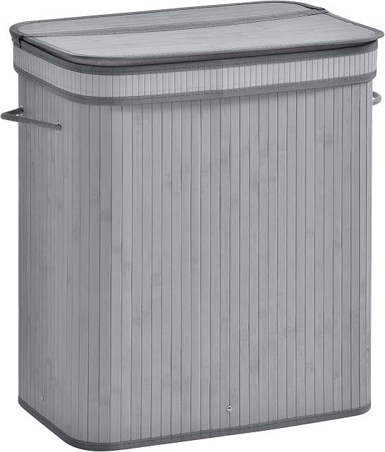 HOMCOM 100L Natural Wood Laundry Basket A Compartment w/Flip Lid Removable Lining Handles Board Base Foldable Durable Water-Resistant Dirty Clothes Storage Home Organisation Grey