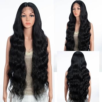 13x4 T Part Lace Front Body Wave Synthetic Wig Extra Long Wavy Middle Part Wigs Pre Plucked Hairline with Baby Hair 36 Inches 1B Color