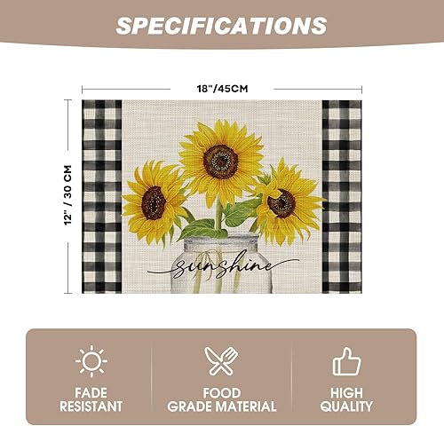 Miniatura 3 de Artoid Mode Buffalo - Juego de 4 manteles individuales de primavera con diseño de girasol, 12 x 18 pulgadas, para decoración de fiestas, cocina,