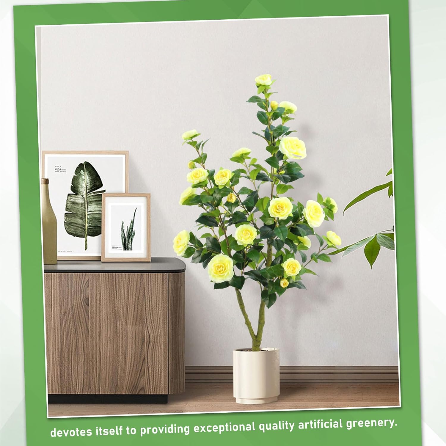 Artificial Camellia Tree, 4FT Faux Camellia Plant Indoor, Realistic Artificial Tree with Flowers for Home Office Living Room Bedroom Outdoor Porch Patio Garden Housewarming Decor (Yellow)