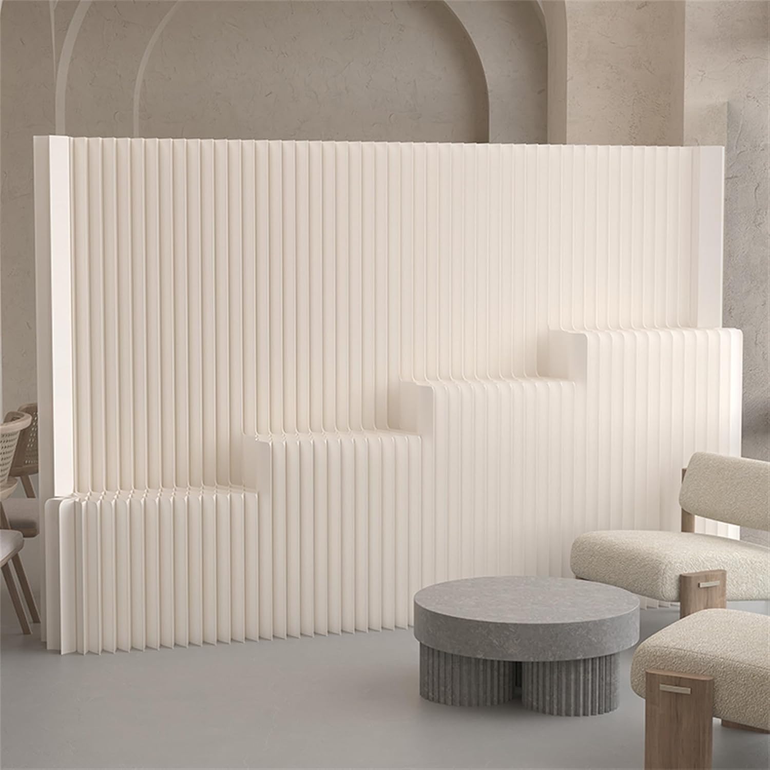 Folding Paper Room Divider with Stepped Display Storage Shelves, Portable Partition Wall Privacy Screen for Room Separation for Home Office Enterprise Trade Show Events Decoration